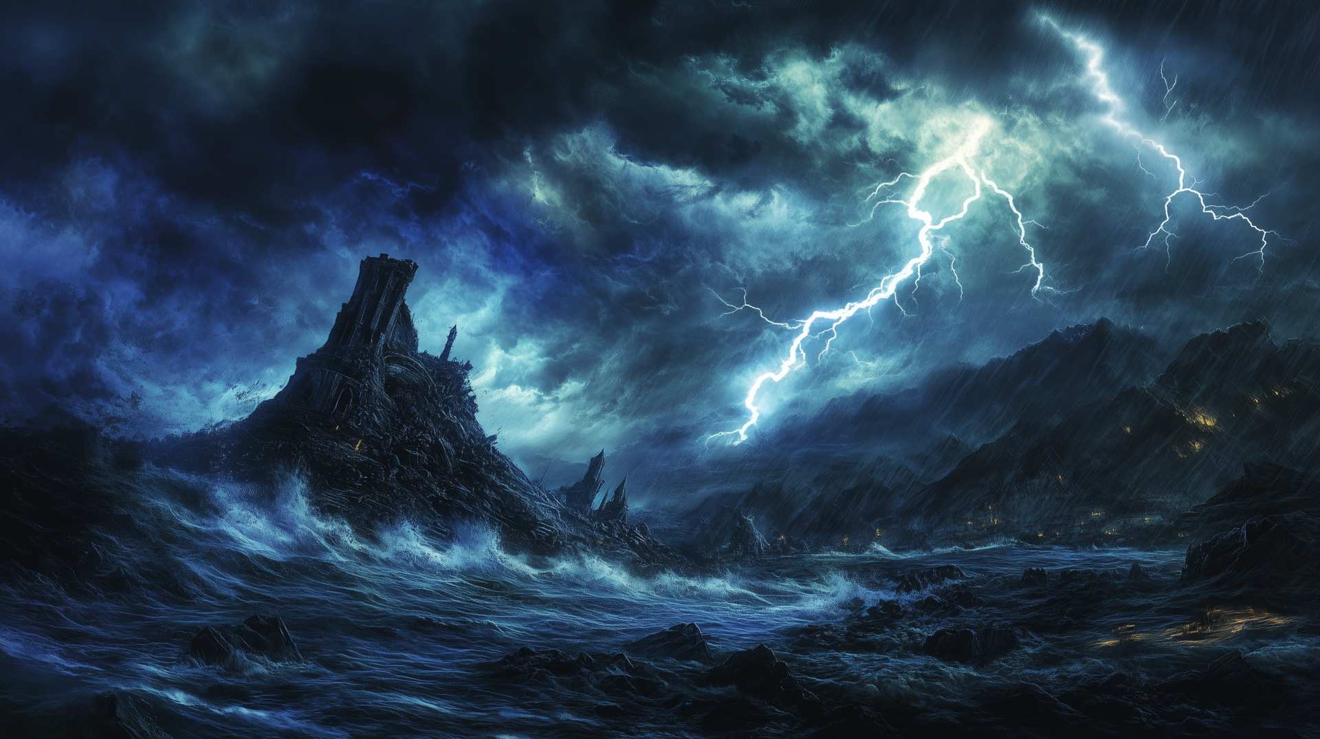 A dramatic thunderstorm illuminates the dark, turbulent sky with flashes of lightning, casting a moody atmosphere over a rocky shoreline and churning waves. HD desktop wallpaper.