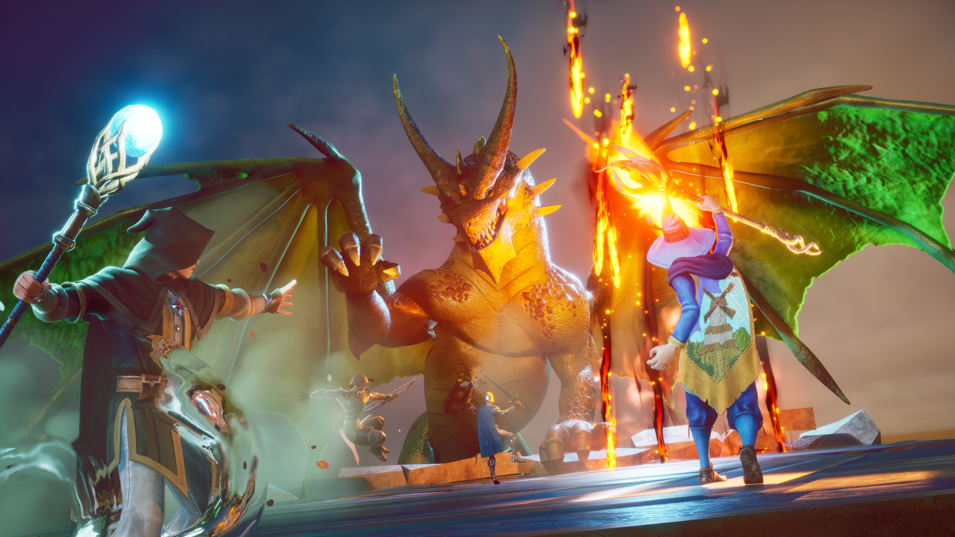A vibrant scene from RuneScape: Dragonwilds, showcasing a fierce dragon facing off against a duo of mages, captured in stunning 4K Ultra HD resolution. Perfectly designed for a desktop background.