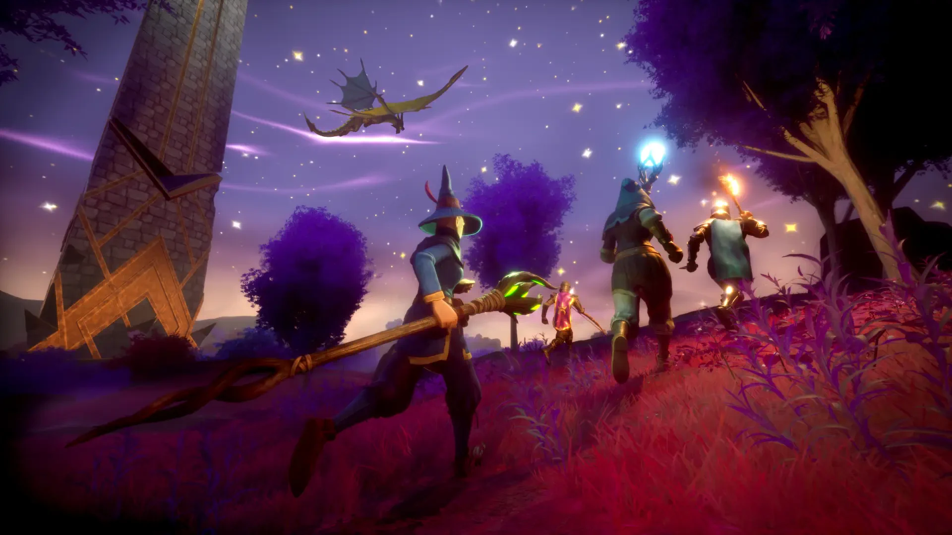 A stunning 4K Ultra HD wallpaper from RuneScape: Dragonwilds, featuring a magical landscape with characters exploring under a starry sky and a dragon soaring above.