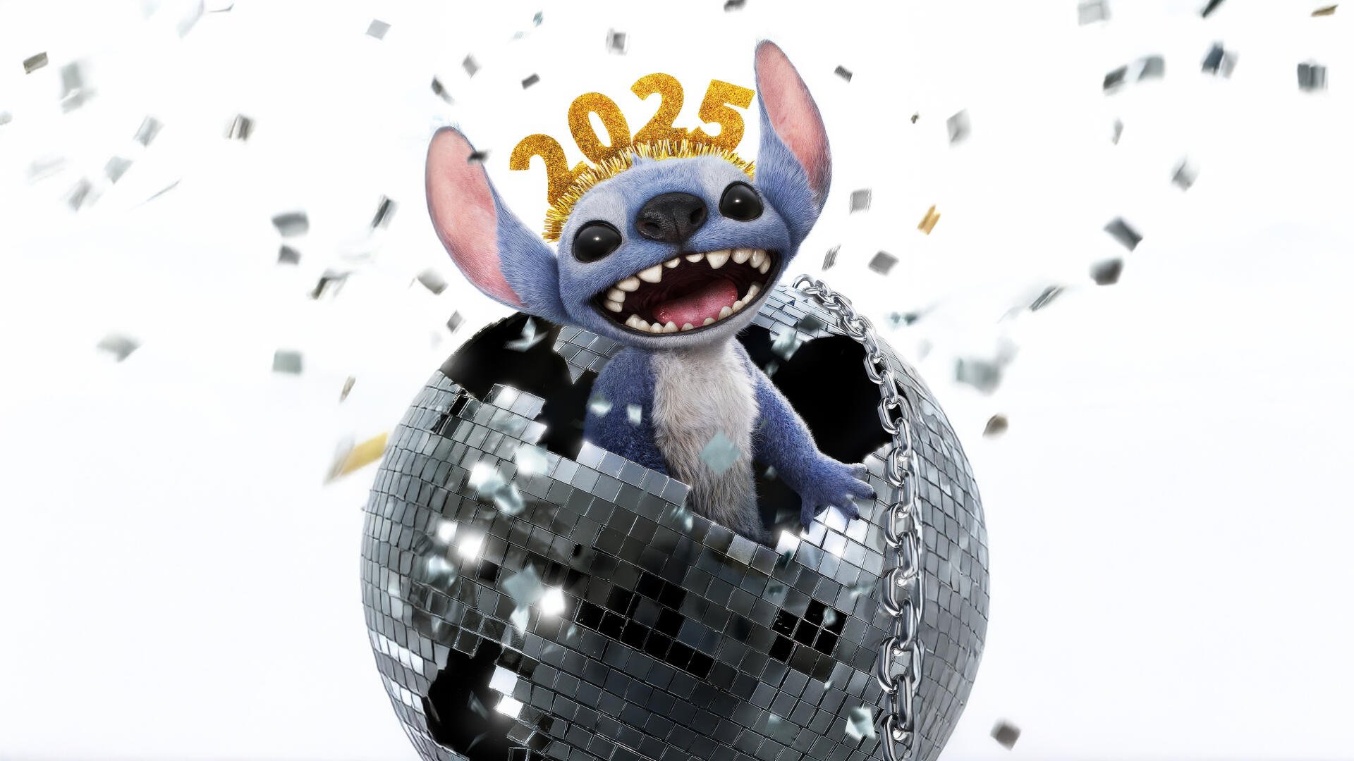 Stitch from Lilo & Stitch celebrates the year 2025 while popping out of a sparkling disco ball, surrounded by confetti in this vibrant 4K Ultra HD wallpaper.