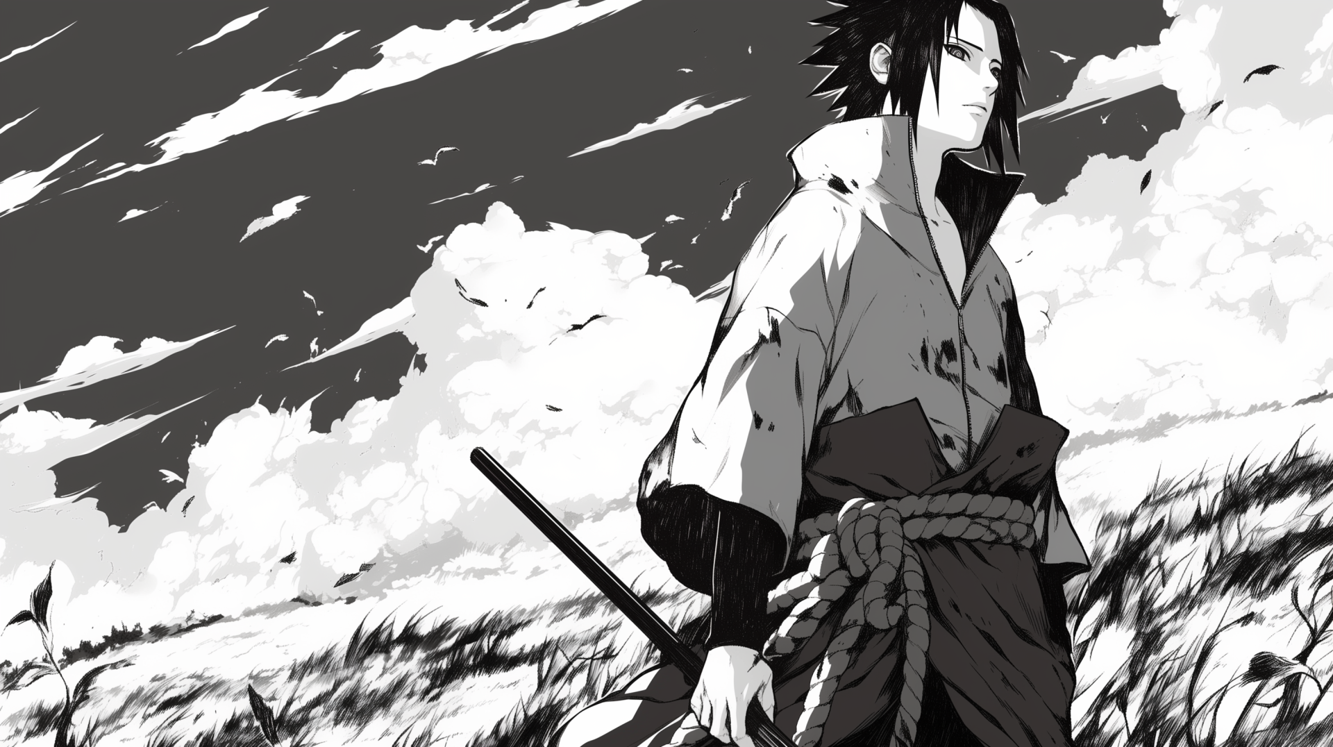 Black and white anime wallpaper featuring Sasuke Uchiha from Naruto, portraying a dramatic, moody atmosphere with a striking landscape backdrop.