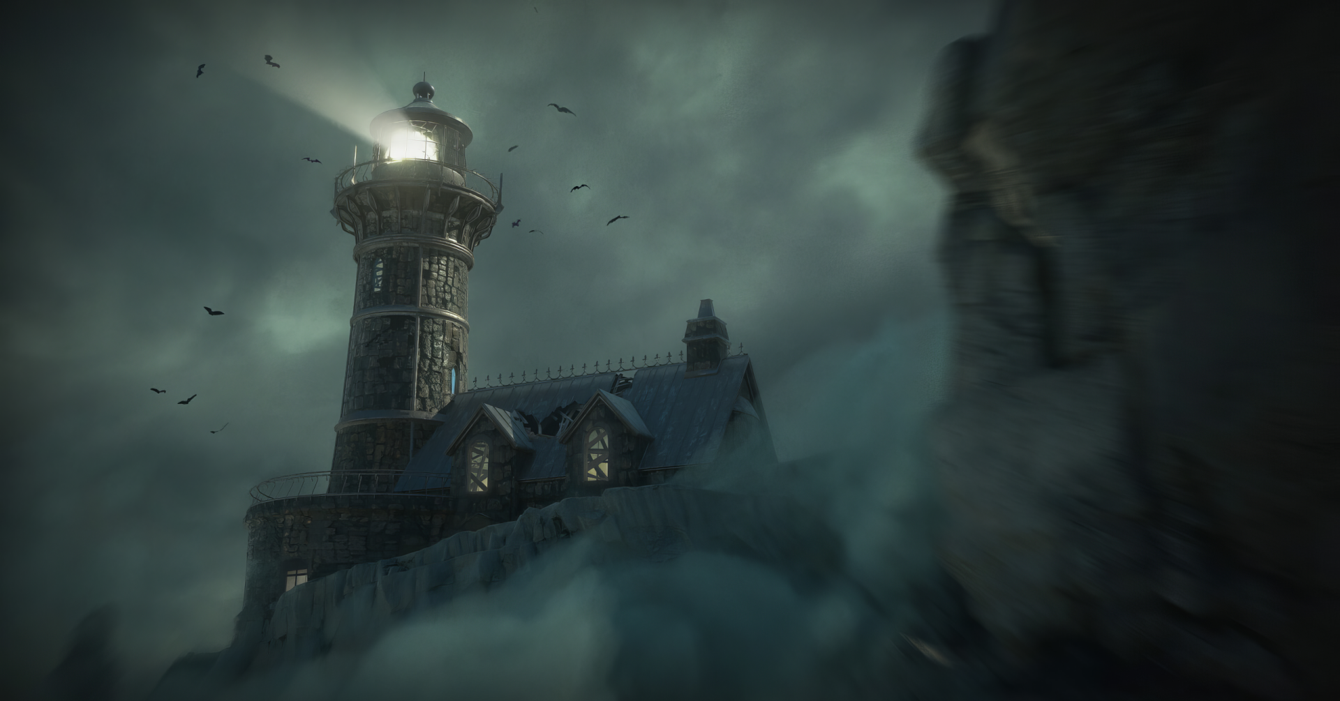 A moody lighthouse stands against a stormy sky, capturing the eerie atmosphere of the video game Stygian: Outer Gods. This HD wallpaper serves as a striking desktop background.