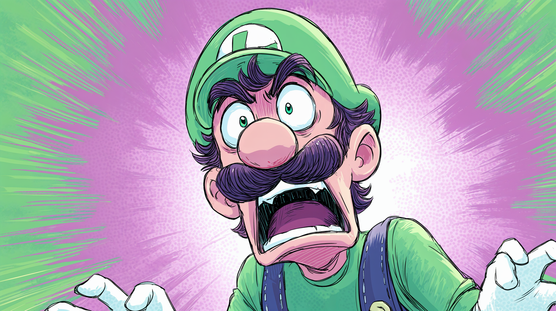 A vibrant 4K Ultra HD wallpaper featuring Luigi, depicted with an expressive face, wide eyes, and an open mouth, set against a dynamic purple background.