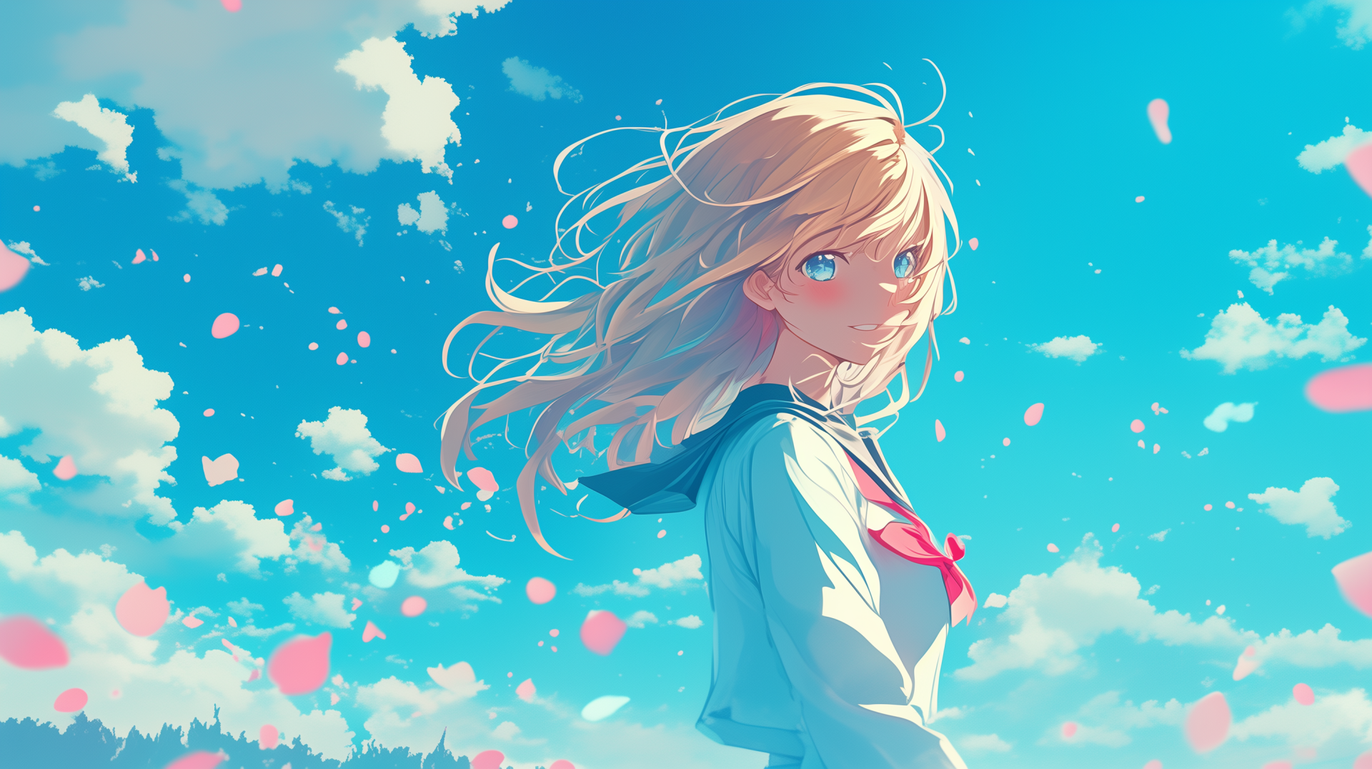 A vibrant HD wallpaper featuring Kaori Miyazono from Your Lie in April, set against a bright blue sky and soft clouds, with petals gently falling around her.