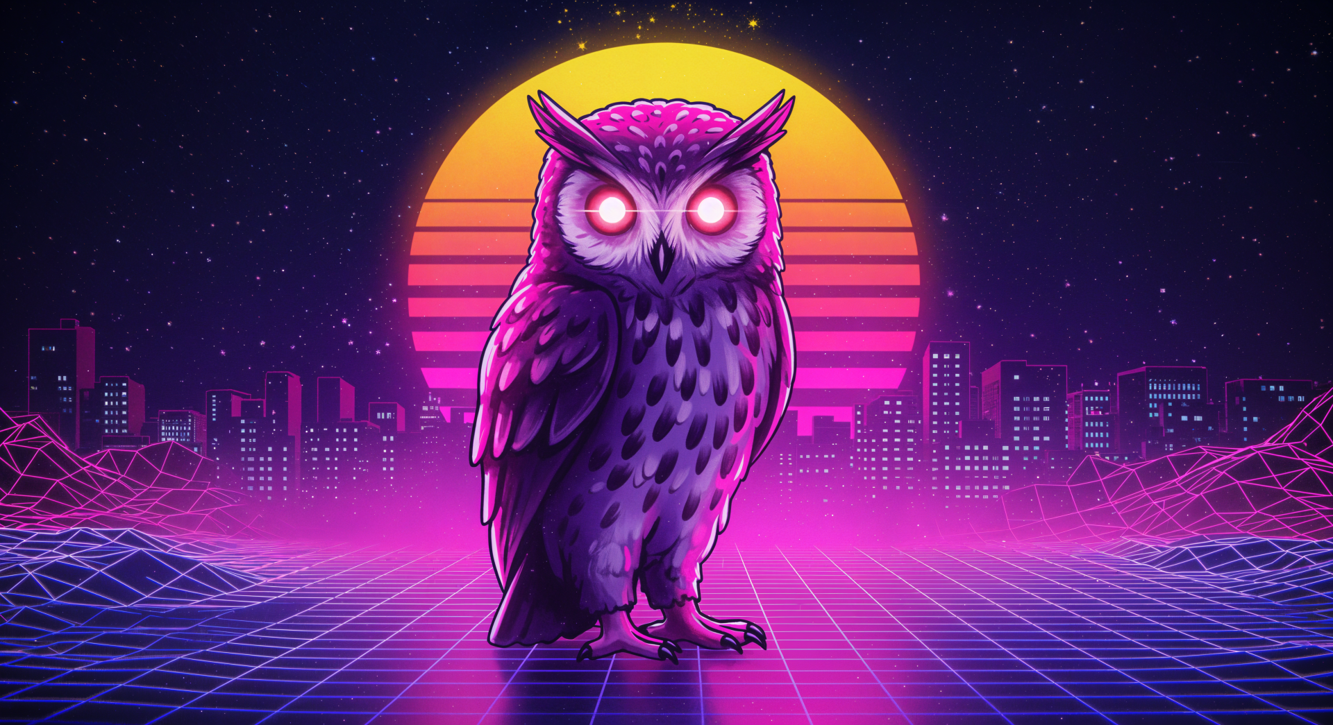 A vibrant, neon-themed owl stands against a retro sunset backdrop, surrounded by a digital cityscape, showcasing a striking 4K Ultra HD design for desktop wallpapers.