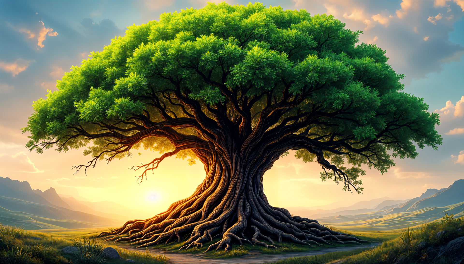 A majestic Yggdrasil tree stands prominently against a vibrant sunset, showcasing lush green foliage and intricate roots, designed as a stunning 4K Ultra HD desktop wallpaper.