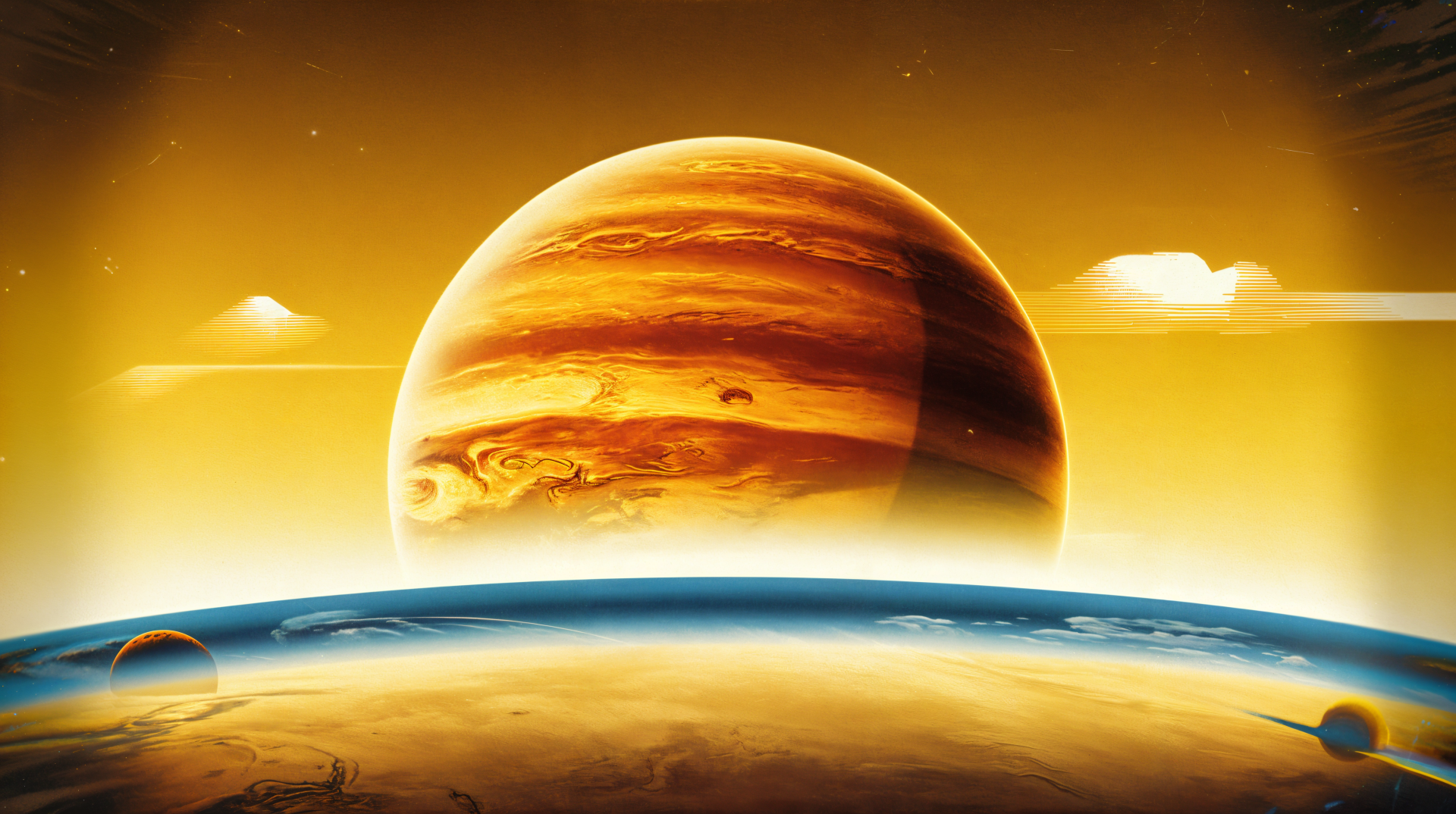 A stunning 4K Ultra HD desktop wallpaper featuring Jupiter against a warm golden backdrop, with billowy clouds and a distant planetary horizon.