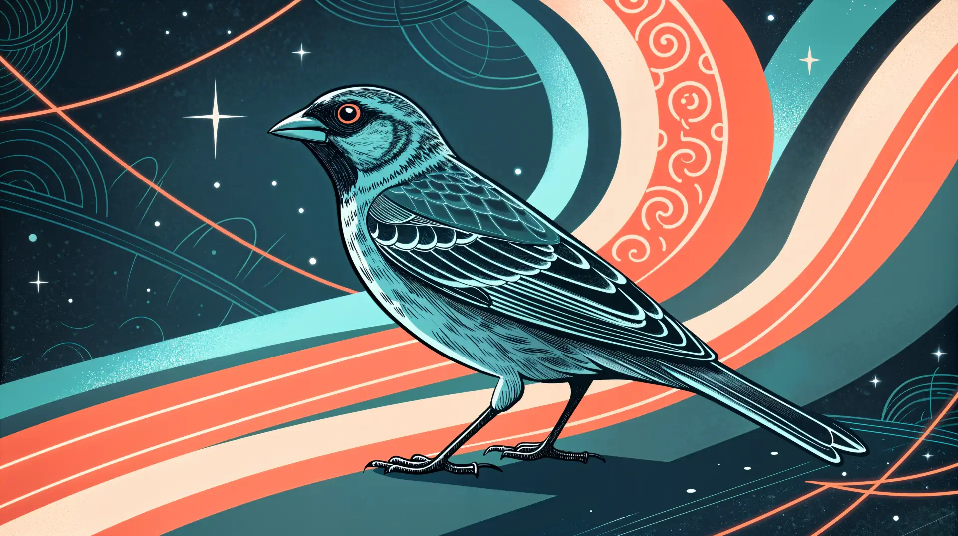 A vibrant finch with intricate details stands against a colorful, abstract background, showcasing artistic swirls and star-like elements. This 4K Ultra HD wallpaper enhances any desktop.