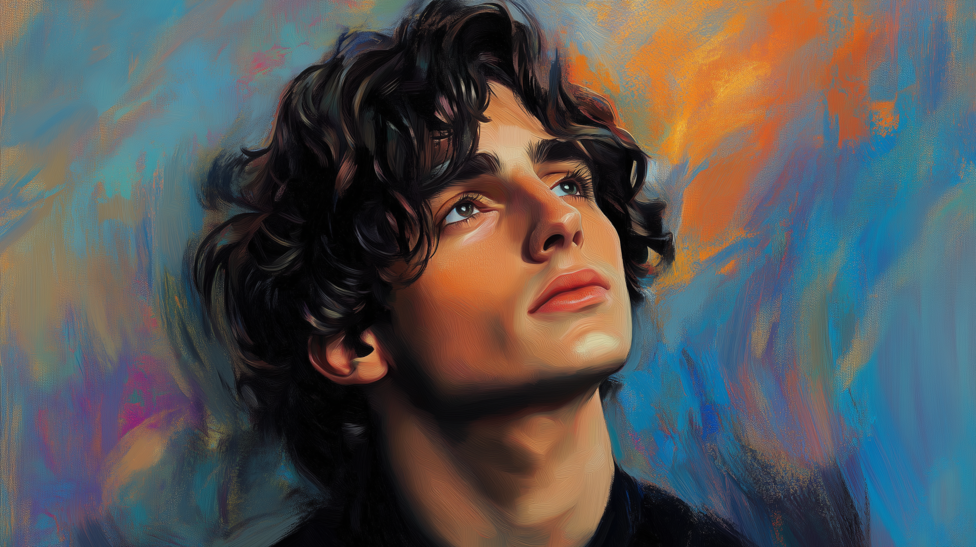An artistic HD wallpaper featuring Timothée Chalamet, capturing a contemplative moment against a vibrant, colorful background.