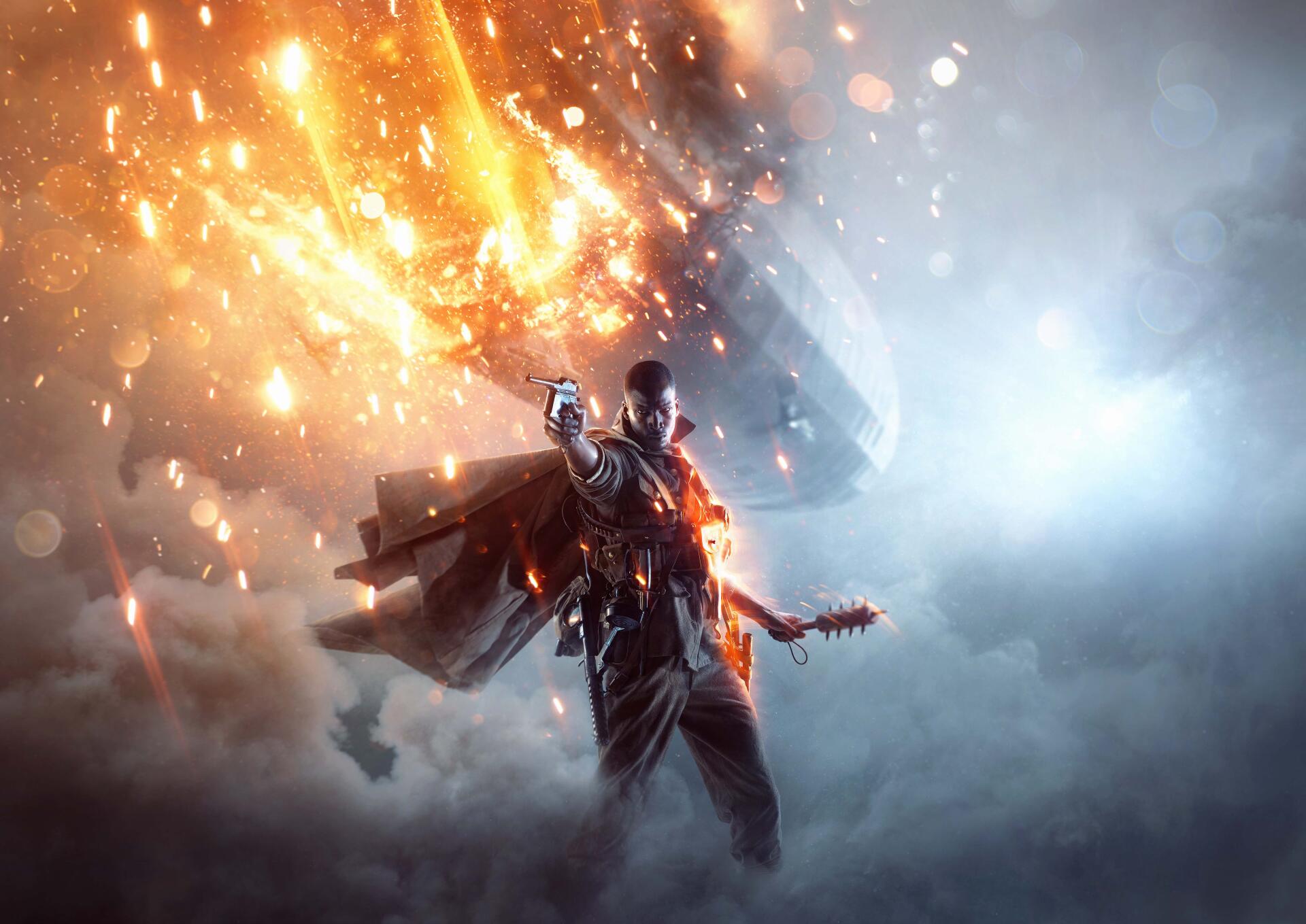 A dramatic 4K Ultra HD wallpaper featuring a Battlefield character amidst explosions and smoke, capturing the intense atmosphere of war in a striking visual display.