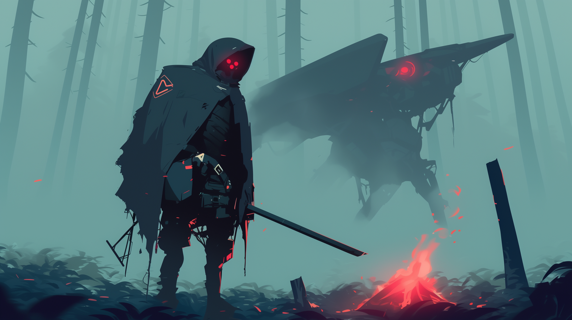 A mysterious cyberpunk villain stands in a foggy forest, wielding a weapon and illuminated by blue and red accents, with a robotic creature looming behind, creating a dark atmosphere.