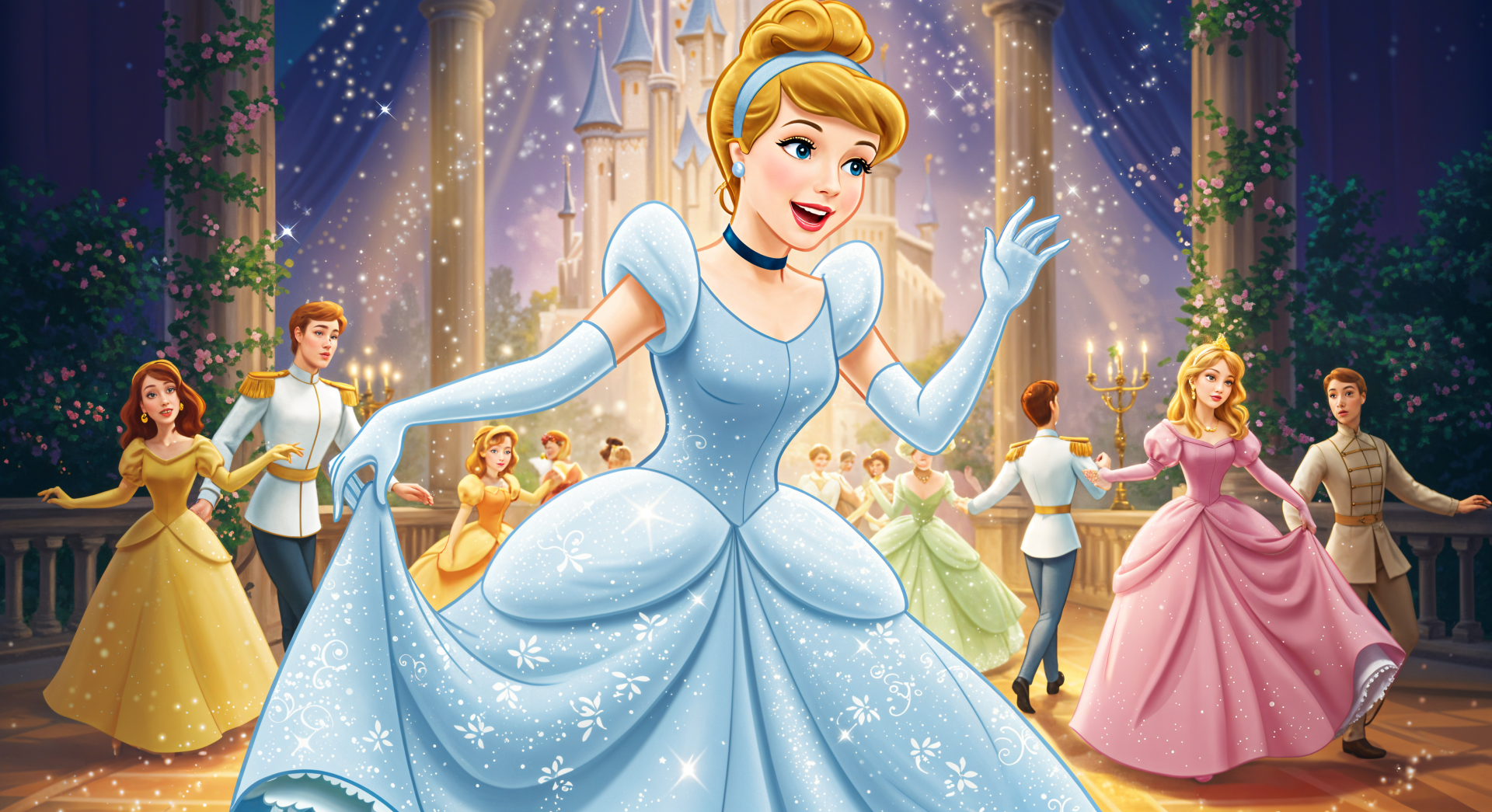 Cinderella in her iconic blue gown dances gracefully in a sparkling ballroom, surrounded by guests, captured in a vibrant Disney fairy tale 4K Ultra HD desktop wallpaper.
