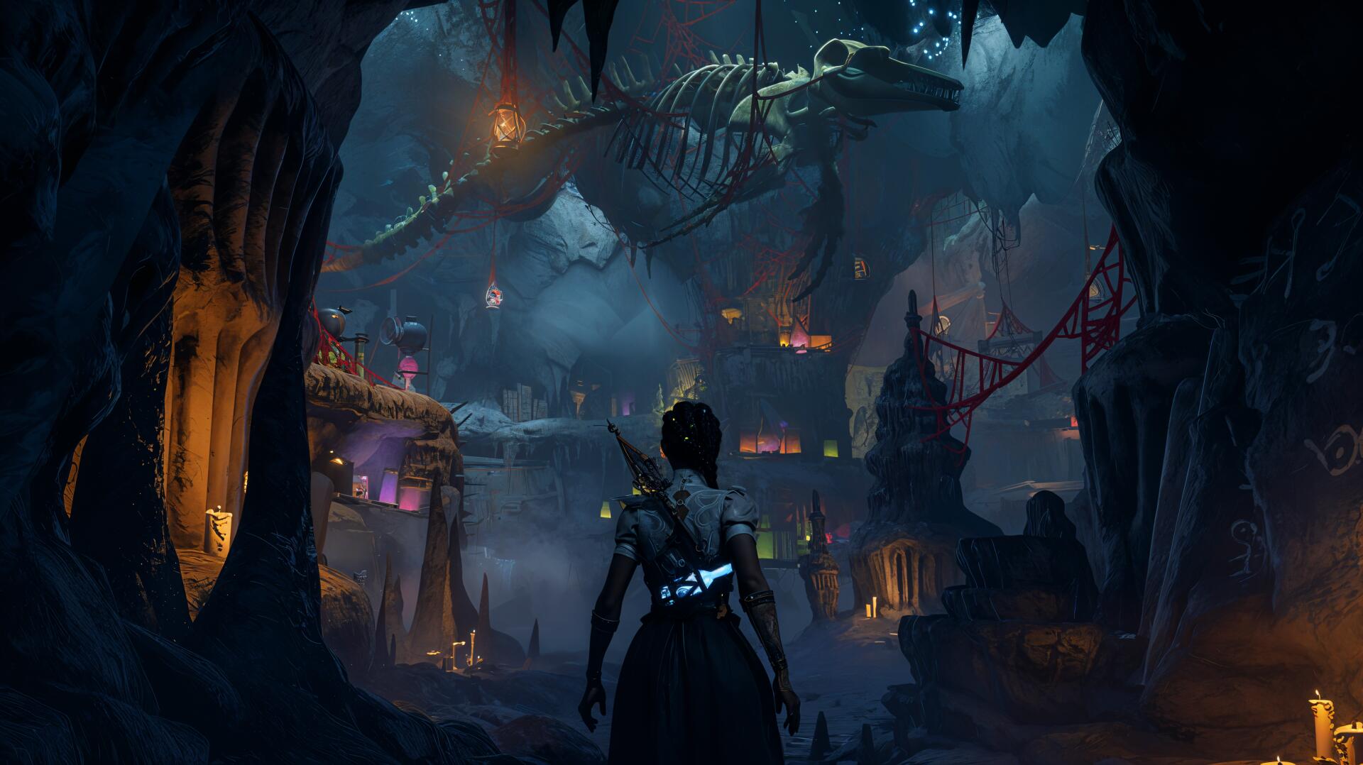 A mysterious landscape from the video game South of Midnight, featuring a character in a dark cave, illuminated by colorful lanterns and a massive skeleton overhead. 4K Ultra HD quality.