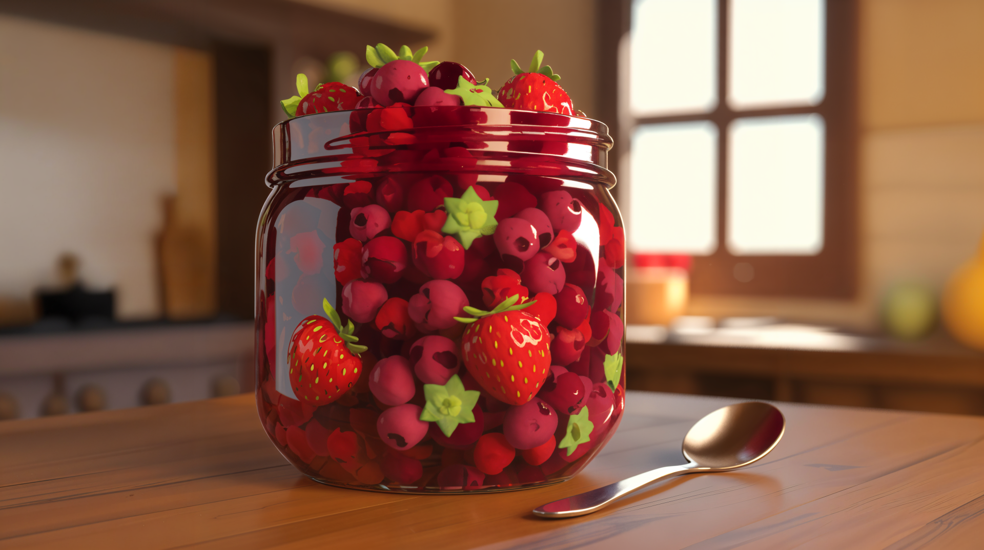 A vibrant jar filled with mixed berries and strawberries, resting on a kitchen table, captured in rich detail as a 4K Ultra HD desktop wallpaper and background.