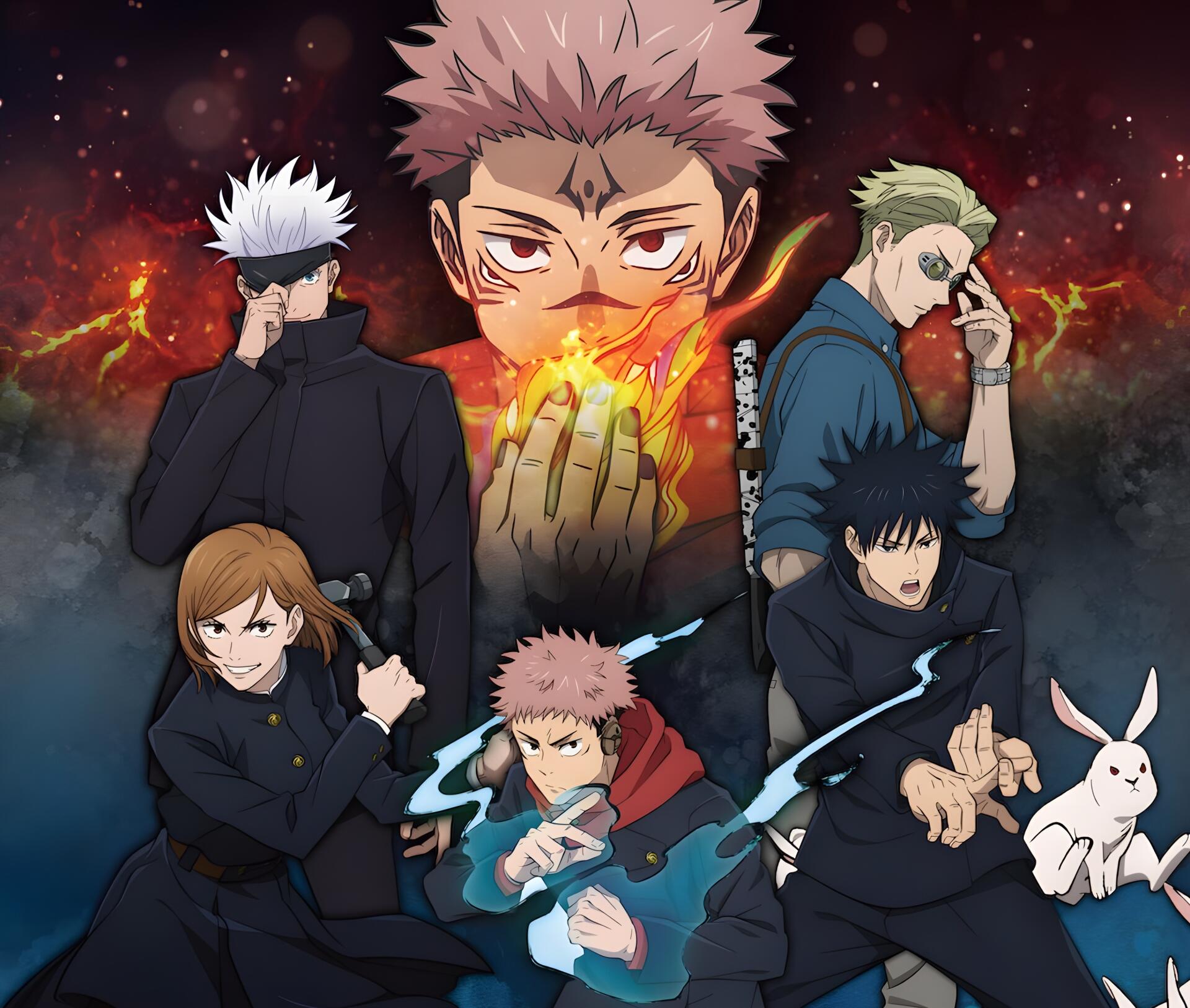 Anime Jujutsu Kaisen 4K Ultra HD PC desktop wallpaper and background: main cast posed amid flames and swirling cursed energy, dramatic lighting and intense expressions.