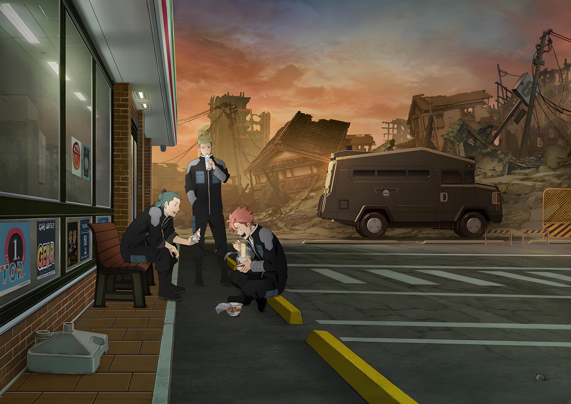 Anime Kaiju No. 8 4K Ultra HD PC desktop wallpaper and background: three characters eat outside a convenience store in a ruined city at sunset, a van parked nearby.