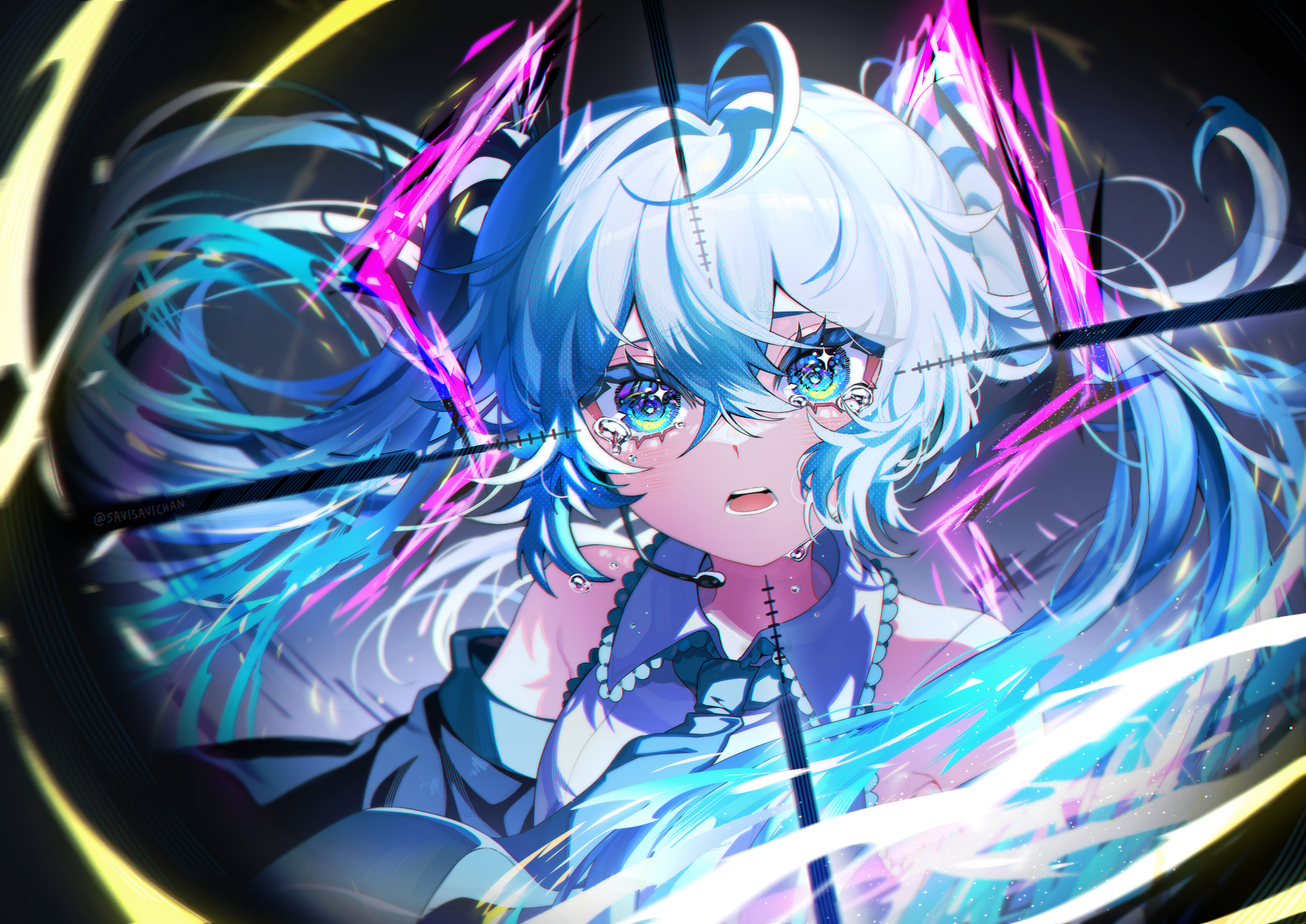 A vibrant HD anime wallpaper featuring Hatsune Miku, characterized by her iconic blue hair and captivating gaze, set against a dynamic and colorful background.