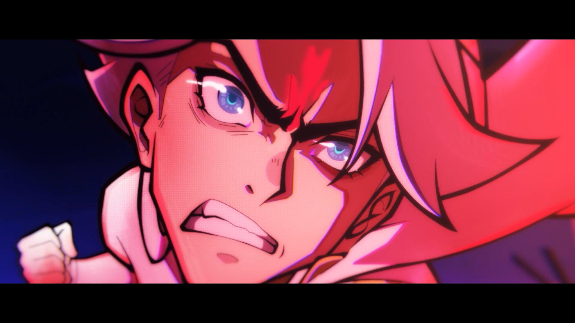 An intense character from the anime To Be Hero X with striking blue eyes and vibrant pink hair, captured in an action-packed moment, making for a dynamic HD desktop wallpaper.