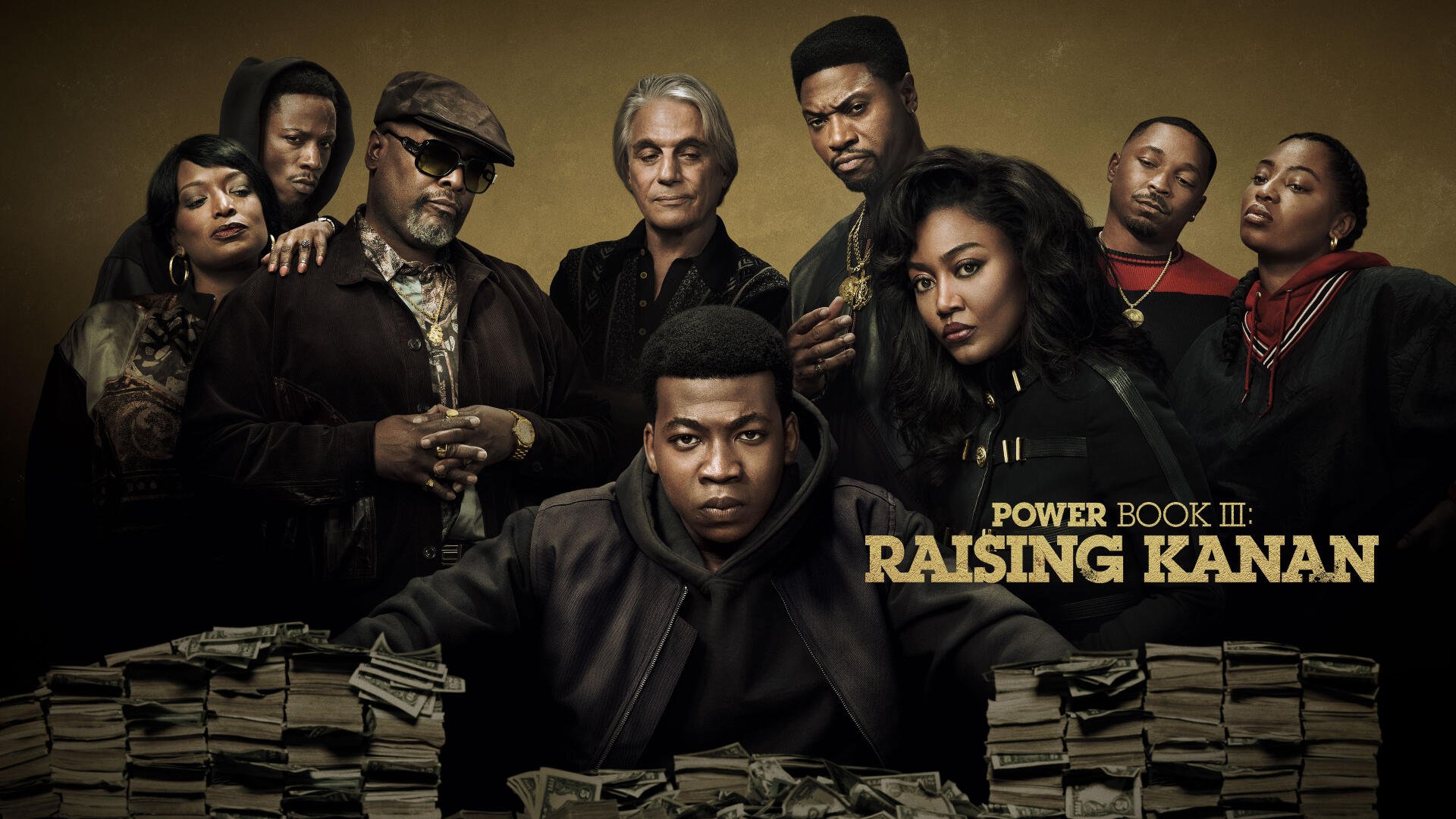 A dramatic cast from the TV show Power Book III: Raising Kanan poses together with stacks of cash, set against a gold backdrop, presented as a striking 4K Ultra HD wallpaper.