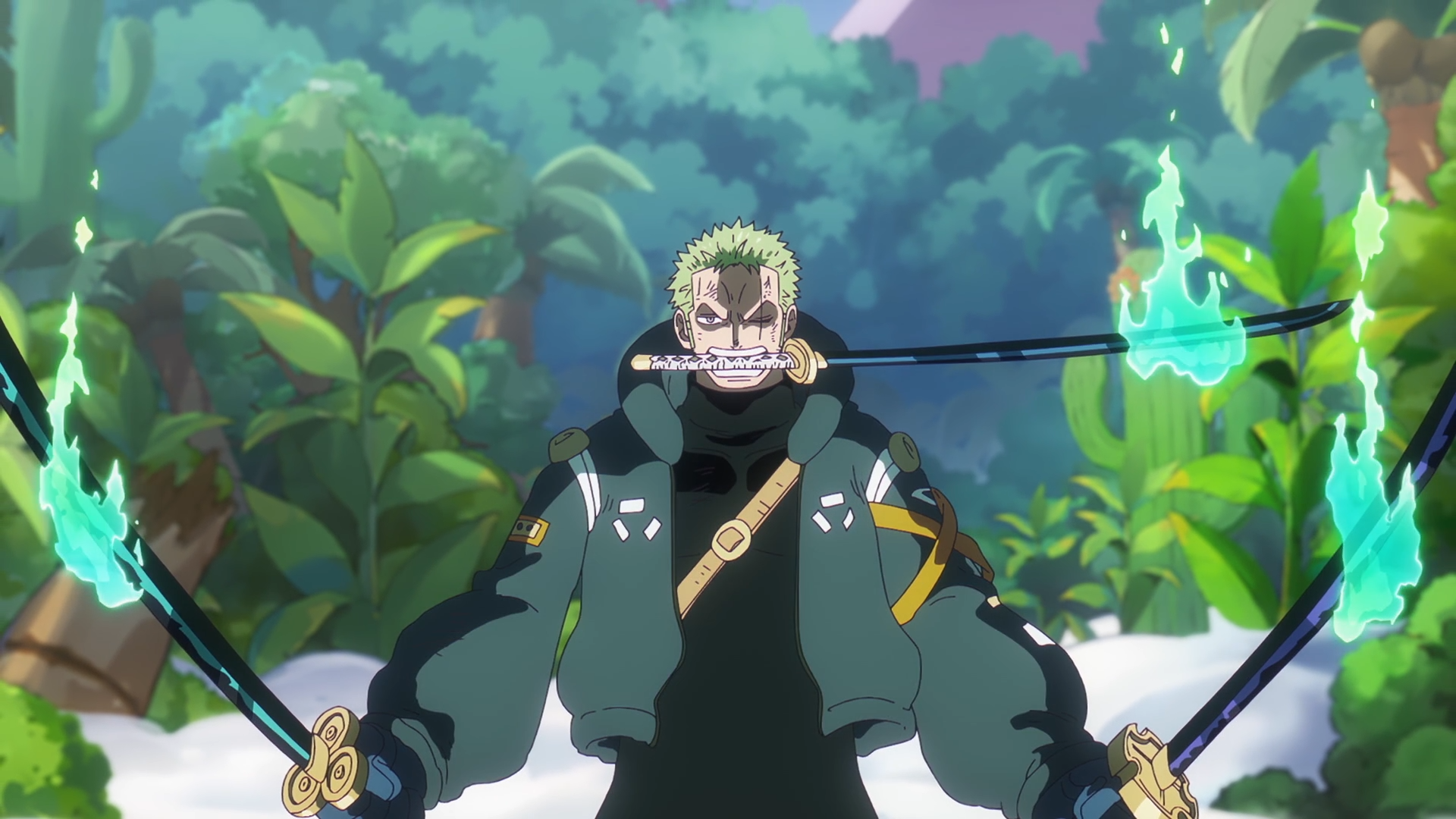 HD PC desktop wallpaper of One Piece anime: Roronoa Zoro stands in a tropical jungle, three swords drawn with green auras radiating from the blades.