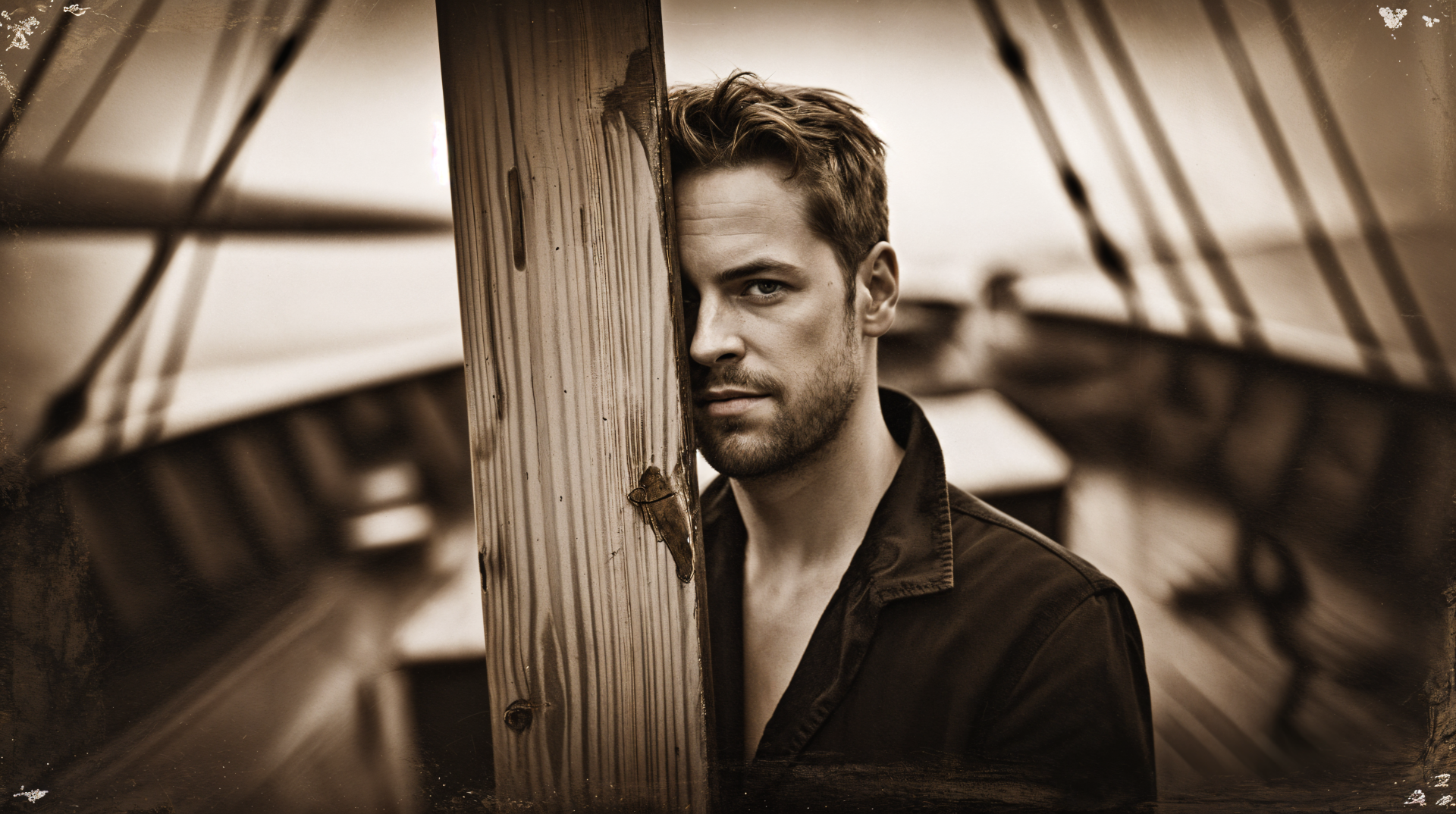 A captivating 4K Ultra HD desktop wallpaper features a man leaning against a wooden post on a ship, with a contemplative expression and a blurred background of sailing masts.