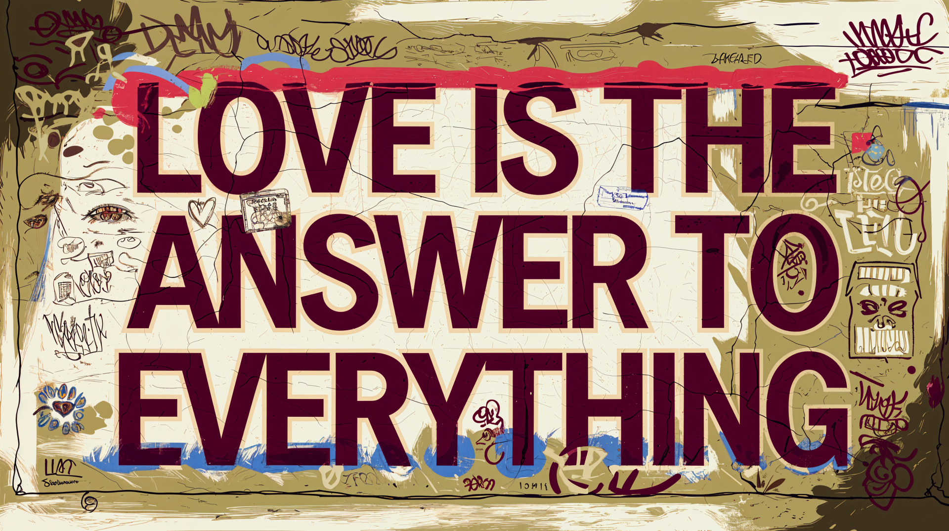 Vibrant graffiti wall featuring the phrase Love is the answer to everything in bold letters, presented as a stunning 4K Ultra HD PC desktop wallpaper and background.