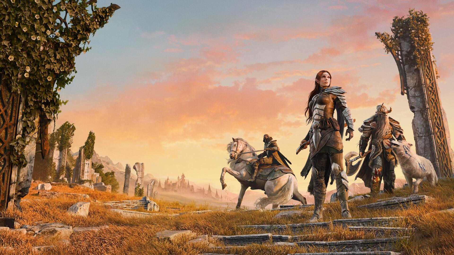 4K Ultra HD desktop wallpaper featuring characters and horses from the RPG video game The Elder Scrolls Online set against a vast, scenic landscape at sunset.