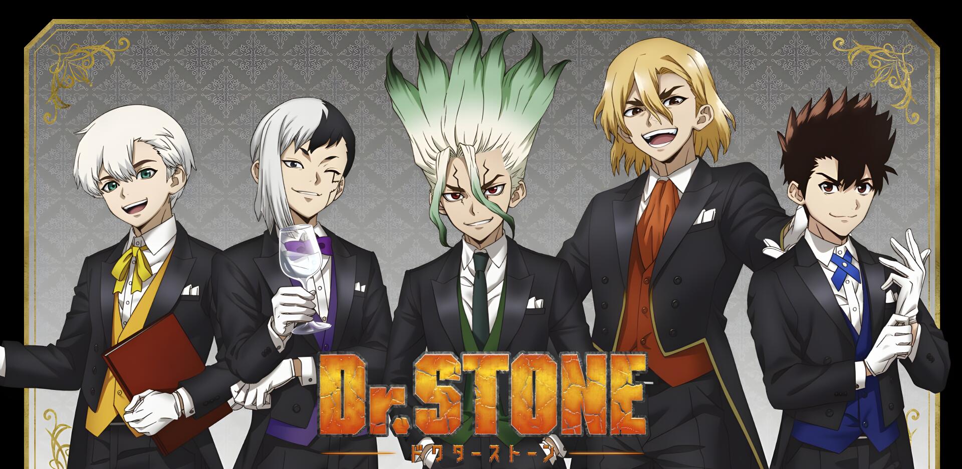 Anime Dr. Stone 4K Ultra HD PC desktop wallpaper/background: five characters in black suits pose confidently against a patterned gray backdrop with the Dr. STONE logo at the bottom.