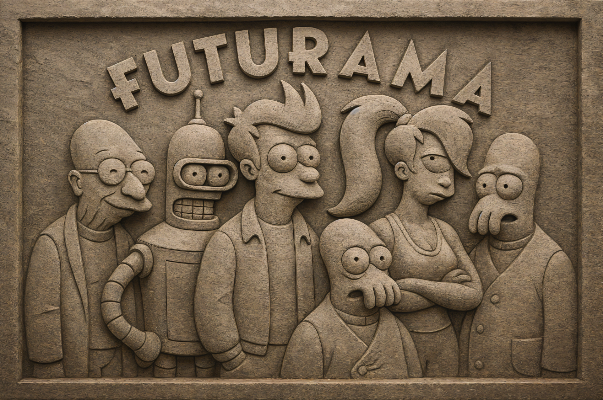 Futurama TV show characters sculpted in a stone relief style, featured as a 4K Ultra HD PC desktop wallpaper and background.