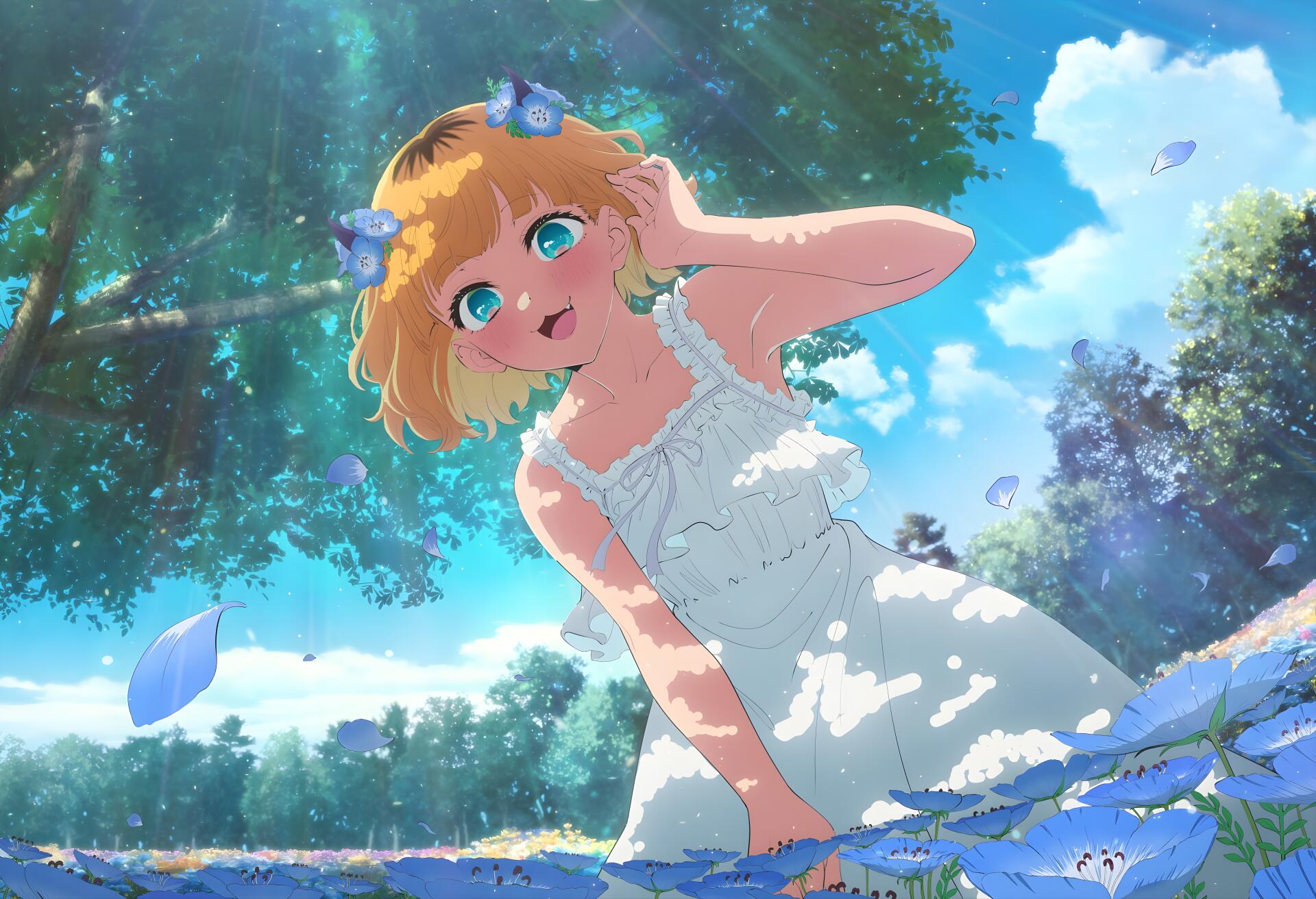 5K Ultra HD PC desktop wallpaper/background: anime portrait of Mem-Cho from Oshi no Ko — smiling blonde in a white sundress reaching out under sunlit trees with drifting blue petals.