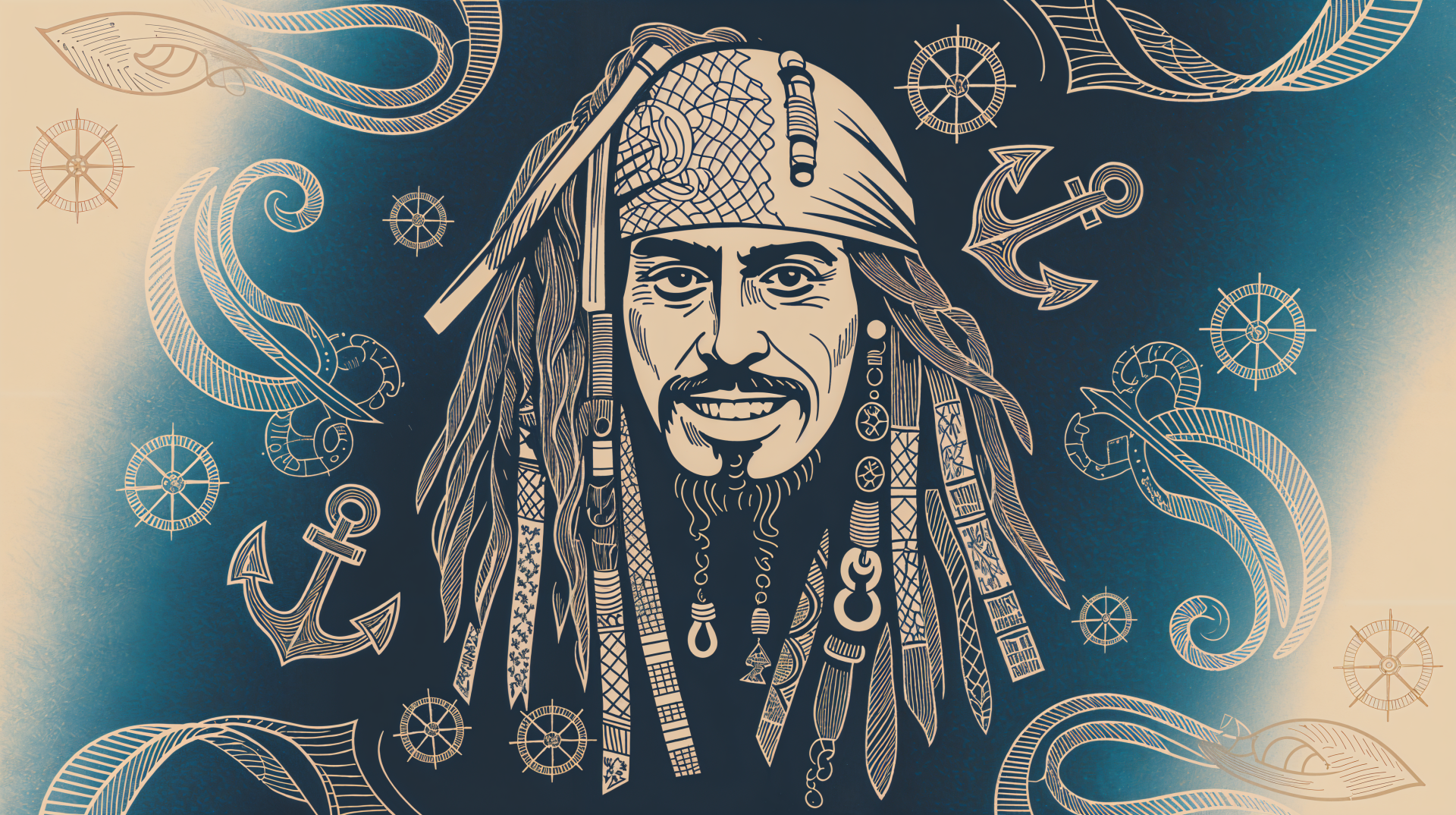 4K Ultra HD Pirates of the Caribbean desktop wallpaper featuring a detailed sketch of a pirate with nautical elements like anchors, tentacles, and ship wheels in the background.