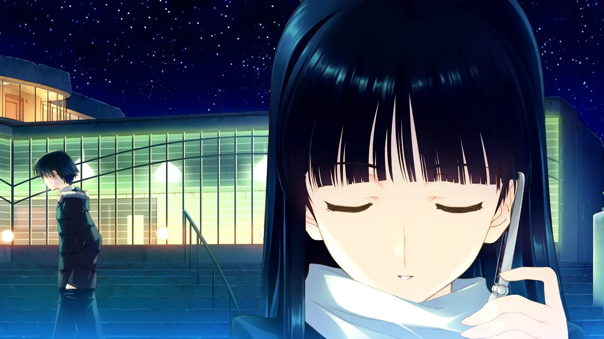 Anime-style HD desktop wallpaper featuring a serene night scene from White Album 2, with a girl in the foreground and a starry sky above a modern building.