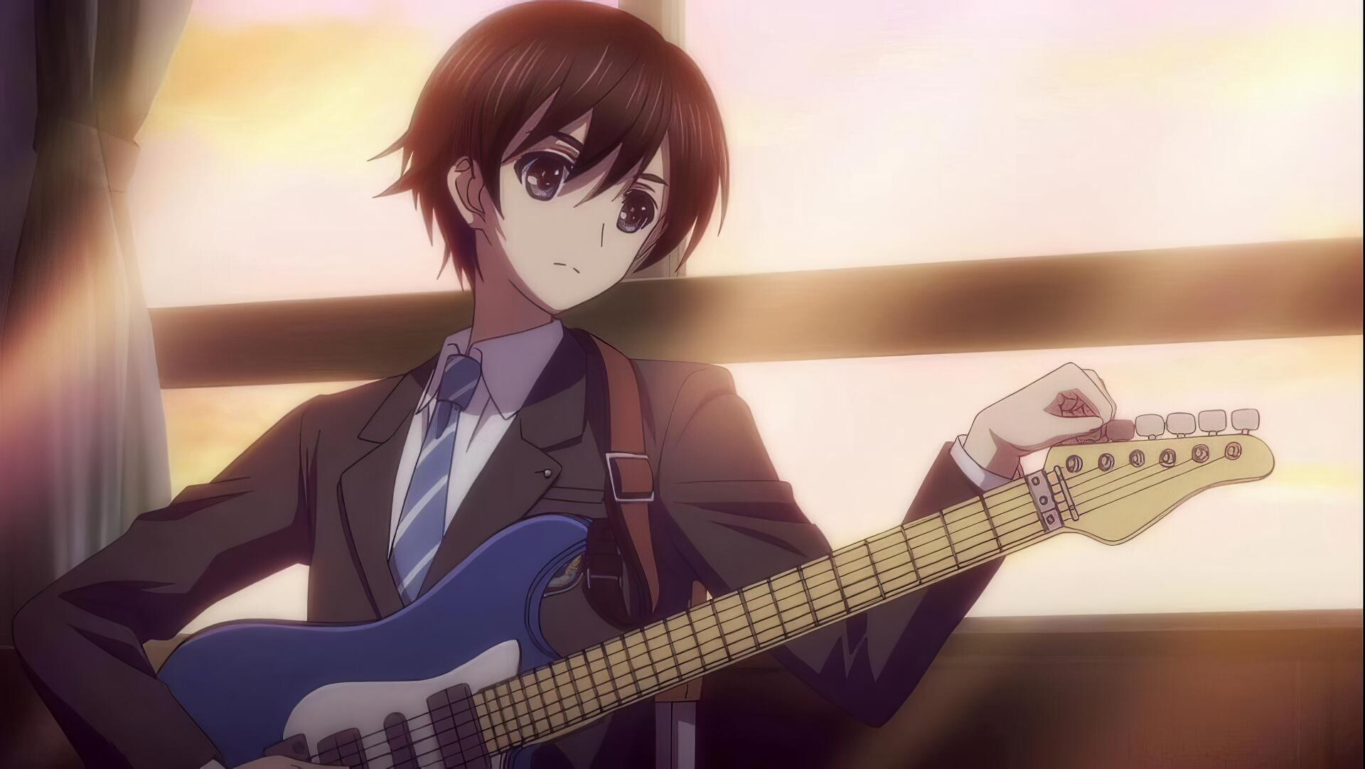 HD anime desktop wallpaper from White Album 2 featuring a young character playing an electric guitar in a softly lit room.