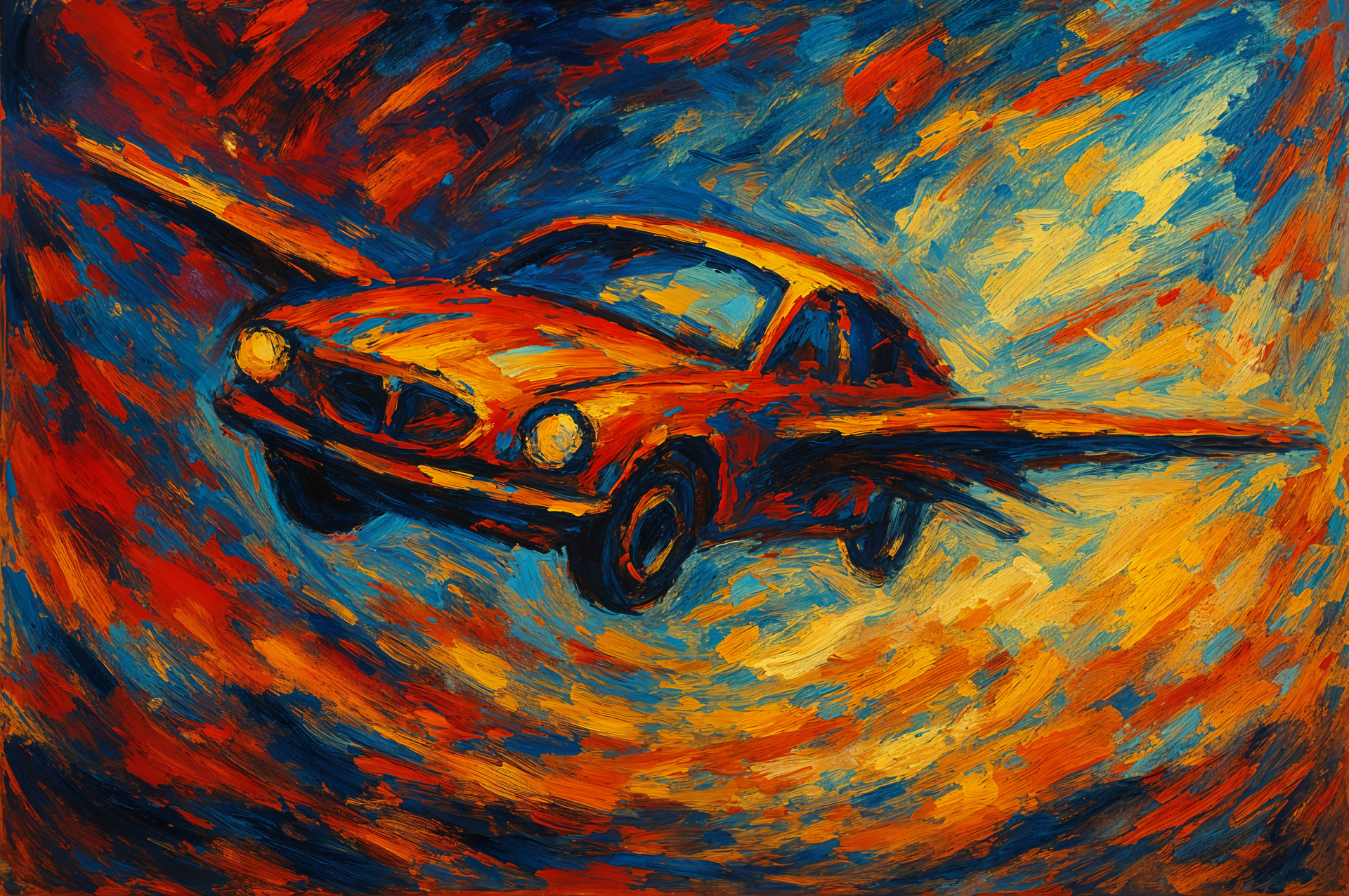 Vibrant 4K Ultra HD desktop wallpaper depicting a flying car soaring through a dynamic, colorful sky with bold, expressive brushstrokes.
