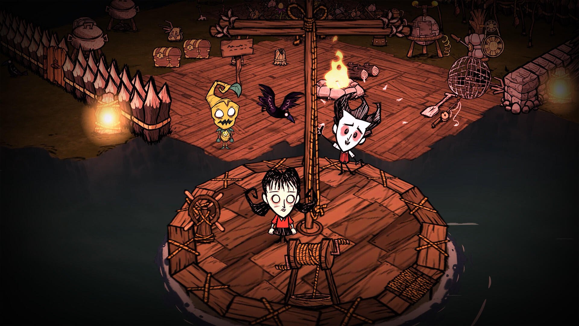 HD desktop wallpaper from the video game Don't Starve Together, featuring characters on a raft surrounded by dark waters and eerie lighting.