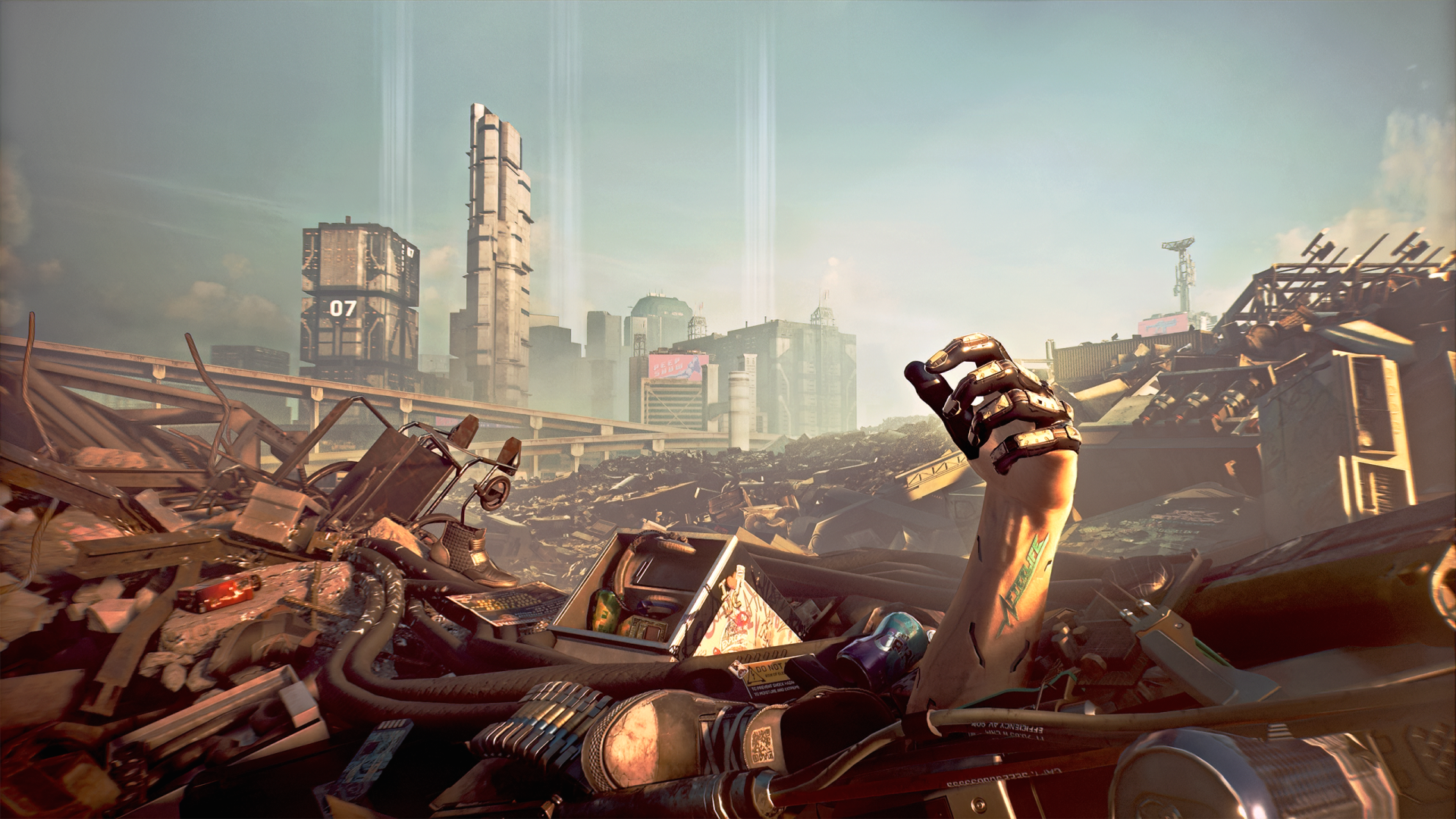 HD PC desktop wallpaper from Cyberpunk 2077 featuring a robotic arm emerging from a pile of trash against a futuristic cityscape backdrop.