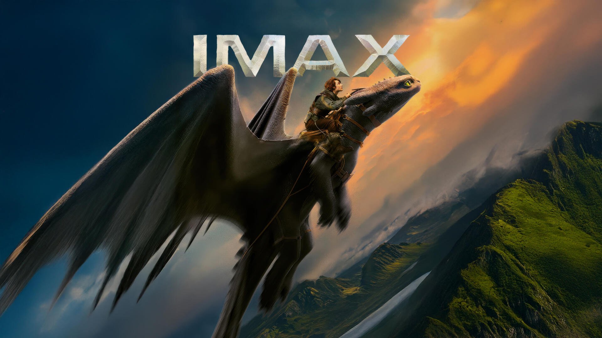 4K Ultra HD PC desktop wallpaper featuring a dramatic sunset scene from How to Train Your Dragon (2025) with a rider flying on a dragon beneath an IMAX logo.