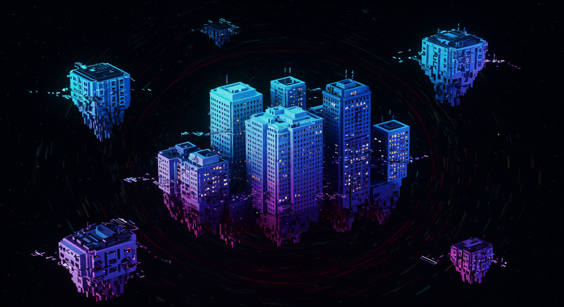 4K Ultra HD PC desktop wallpaper of futuristic floating buildings glowing with blue and purple neon lights against a dark background.
