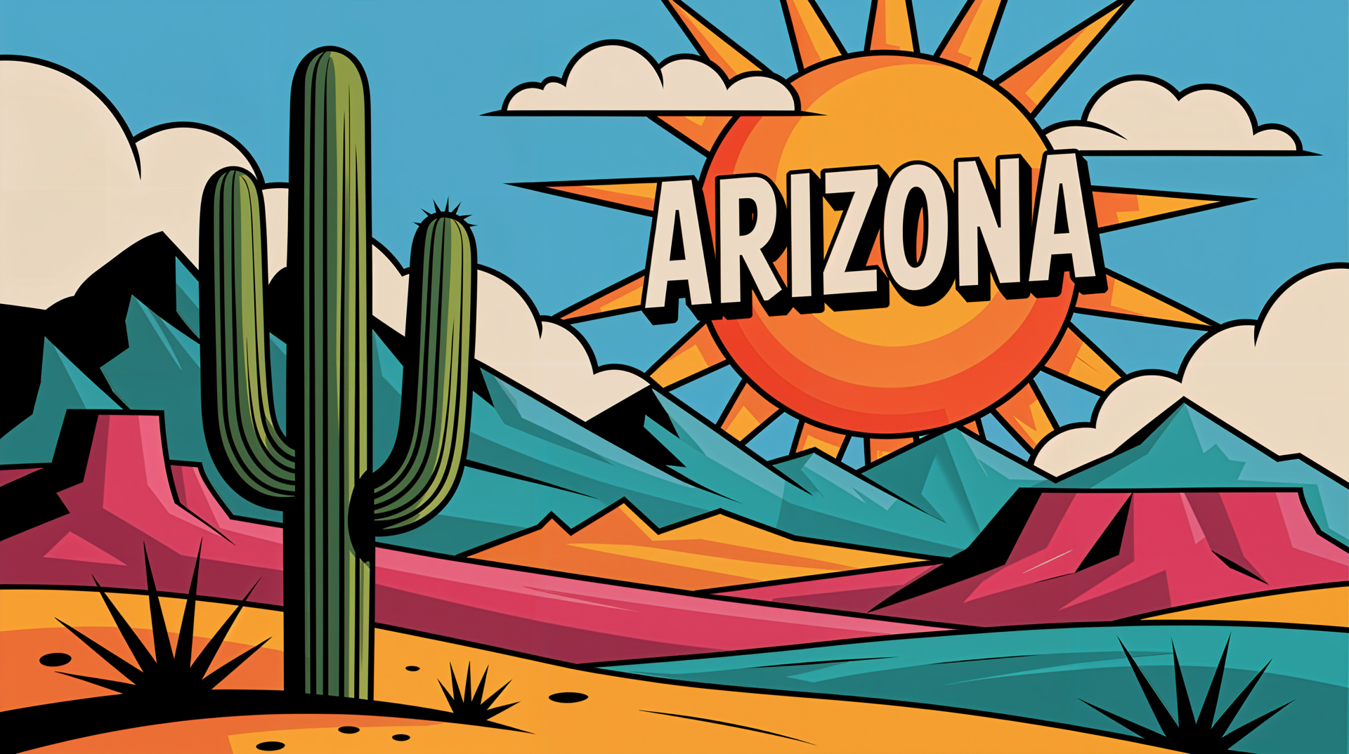 Vibrant 4K Ultra HD desktop wallpaper featuring a stylized Arizona desert scene with towering cactus, colorful mountains, and a bright sun with Arizona text.