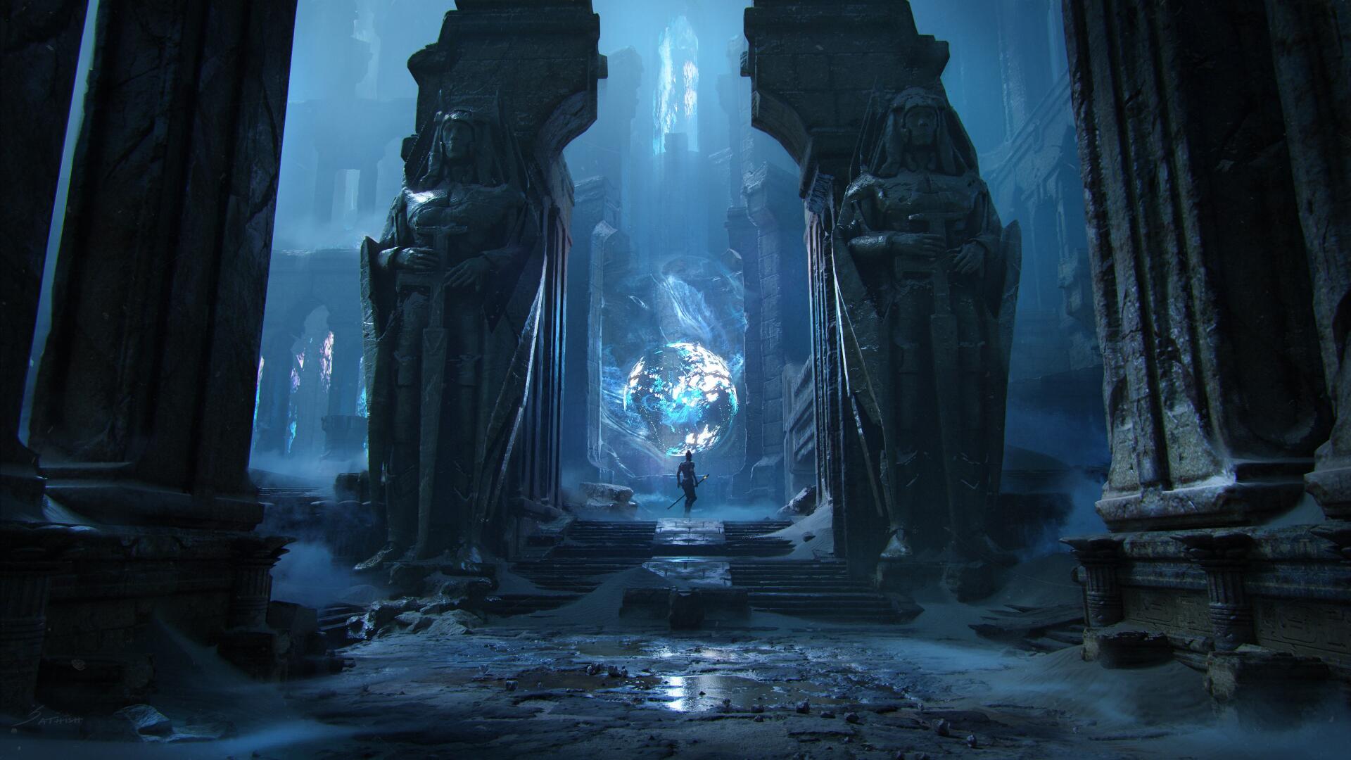 Download Fantasy Woman Warrior Landscape Ruin Fantasy Landscape 4k Ultra HD Wallpaper by sathish kumar