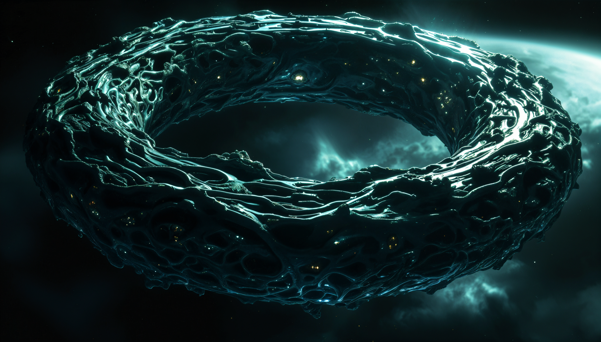 4K Ultra HD PC desktop wallpaper depicting a detailed, glowing ringworld structure suspended in space with a dark, cloudy cosmic background.