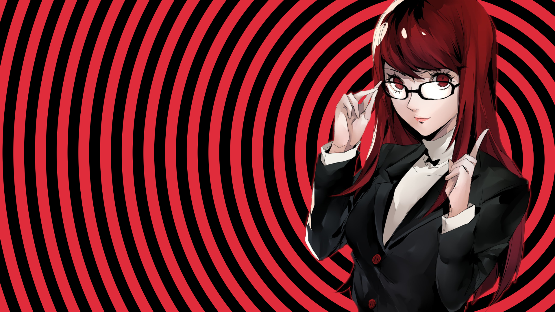 HD desktop wallpaper featuring Kasumi Yoshizawa from Persona 5 Royal, set against a striking red and black concentric circle background in anime style.