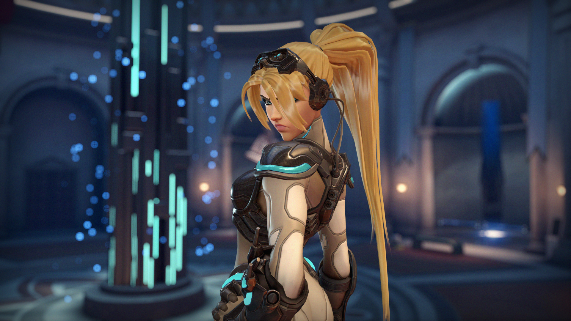 4K Ultra HD PC wallpaper featuring Widowmaker from Overwatch, showcasing her in a detailed futuristic setting with a focused expression.