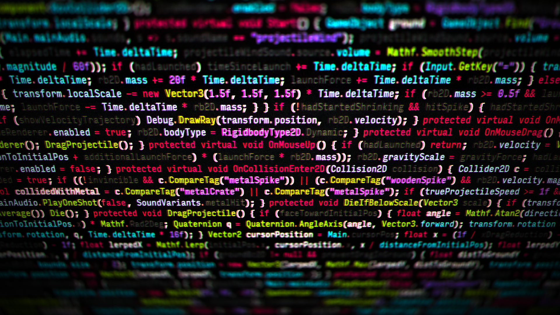 HD PC desktop wallpaper featuring colorful programming code with syntax highlighting on a dark background, showcasing a dynamic and detailed coding environment.