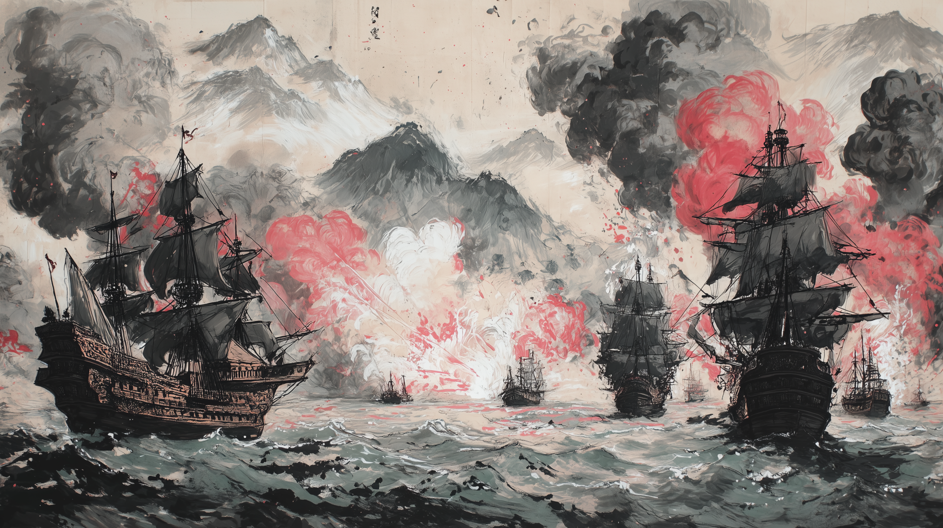 HD desktop wallpaper depicting an ink painting of a pirate ship crusade with dramatic explosions over turbulent seas.