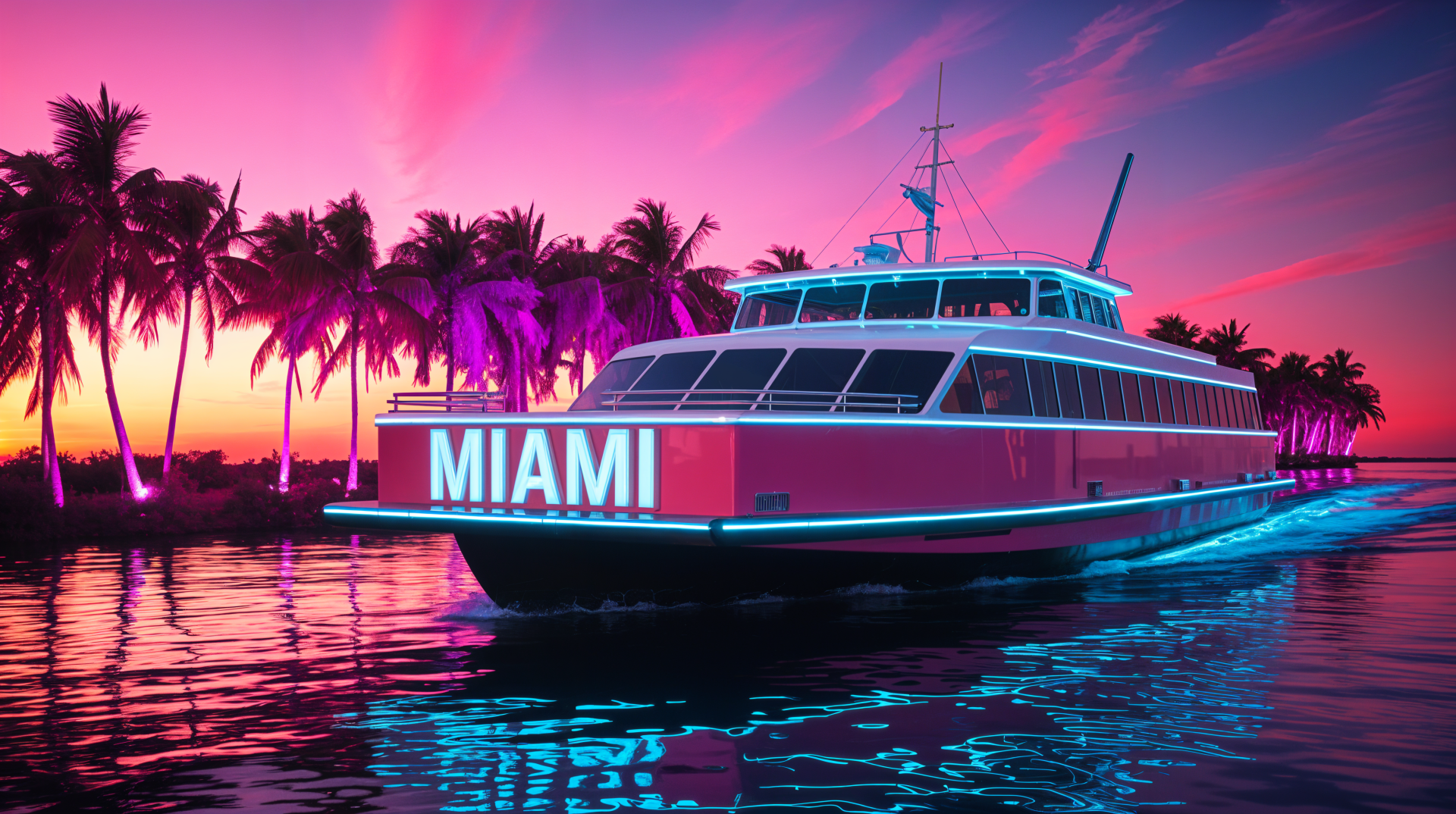 4K Ultra HD desktop wallpaper of a vibrant ferry illuminated with MIAMI cruising past palm trees under a pink and purple sunset sky.