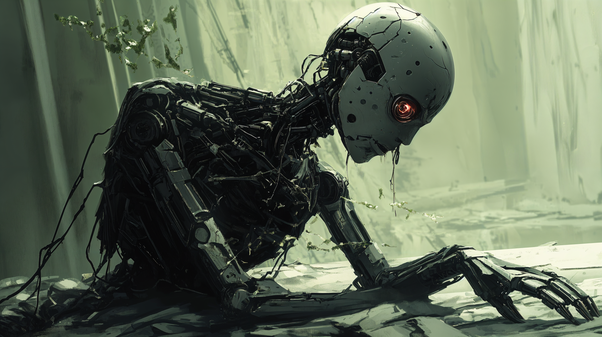 A detailed 4K Ultra HD sci-fi wallpaper showing a dark, skeletal robot with glowing red eyes in a misty, industrial environment.