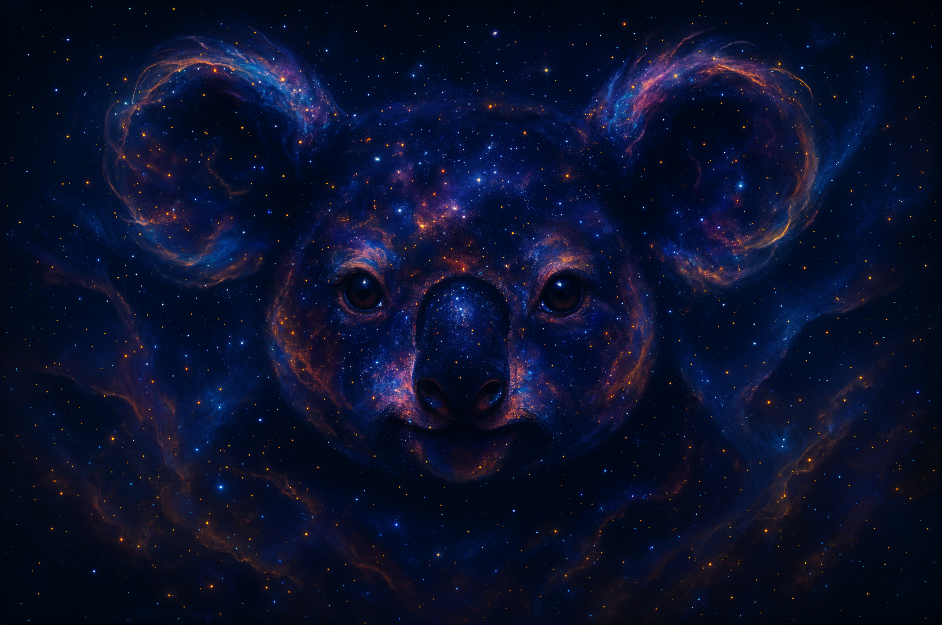 A cosmic koala face formed by vibrant nebulae and stars set against a dark space background, rendered in stunning 4K Ultra HD for a PC desktop wallpaper.