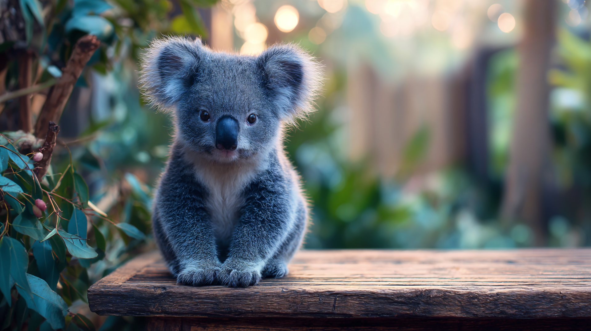 Close-up of a koala sitting on a wooden surface surrounded by greenery, captured in vibrant 4K Ultra HD quality for PC desktop wallpaper and background.