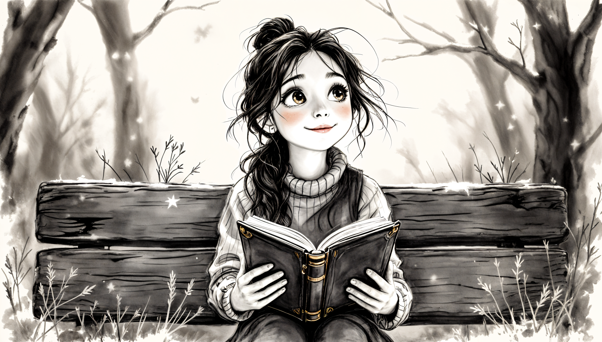 A charming 4K Ultra HD PC desktop wallpaper of a young girl with a braid, sitting on a bench outdoors while reading a book, capturing a warm sisterly moment.
